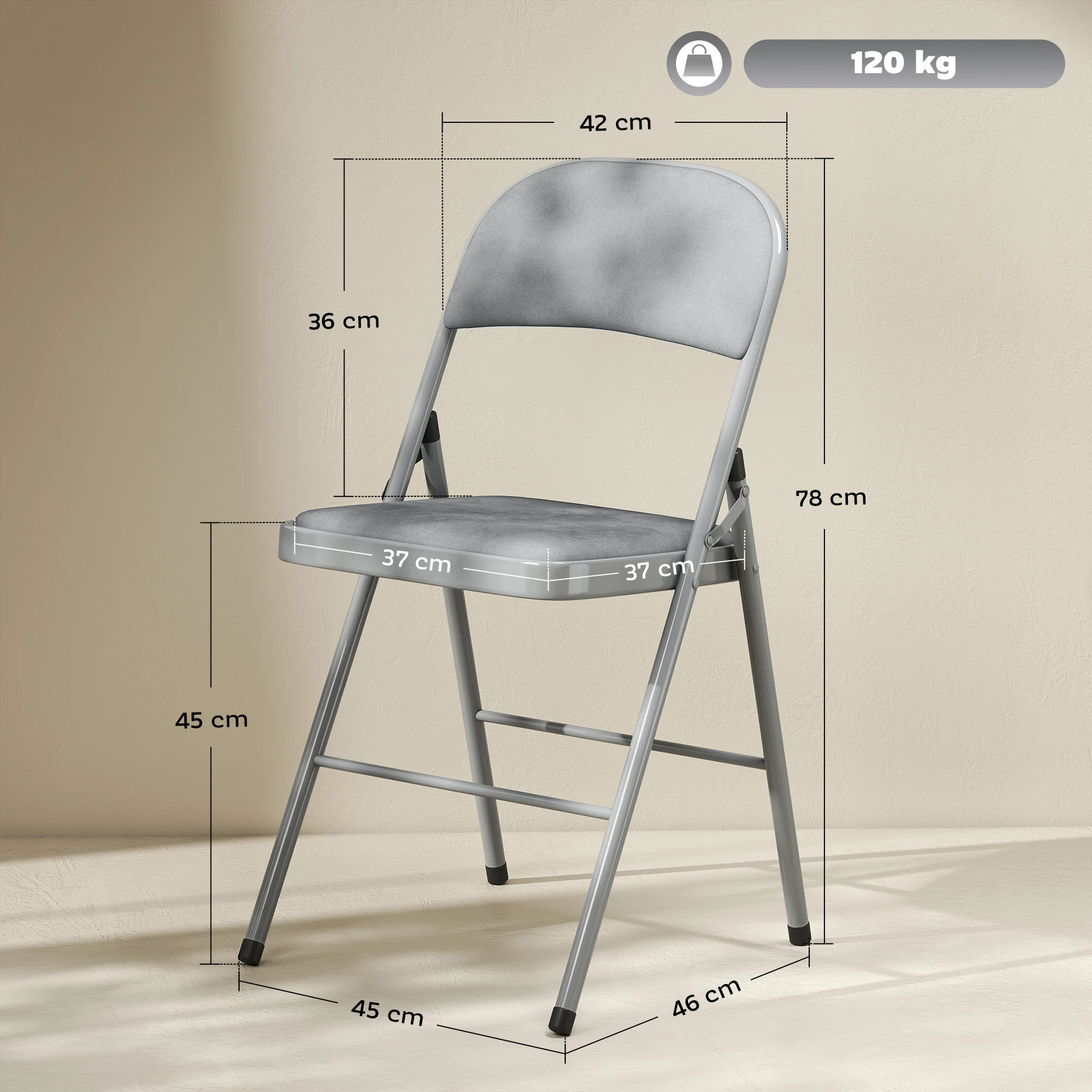 HOMCOM Folding Chairs Set of 4, Foldable Chairs with Cushions, Light Grey - Image 3