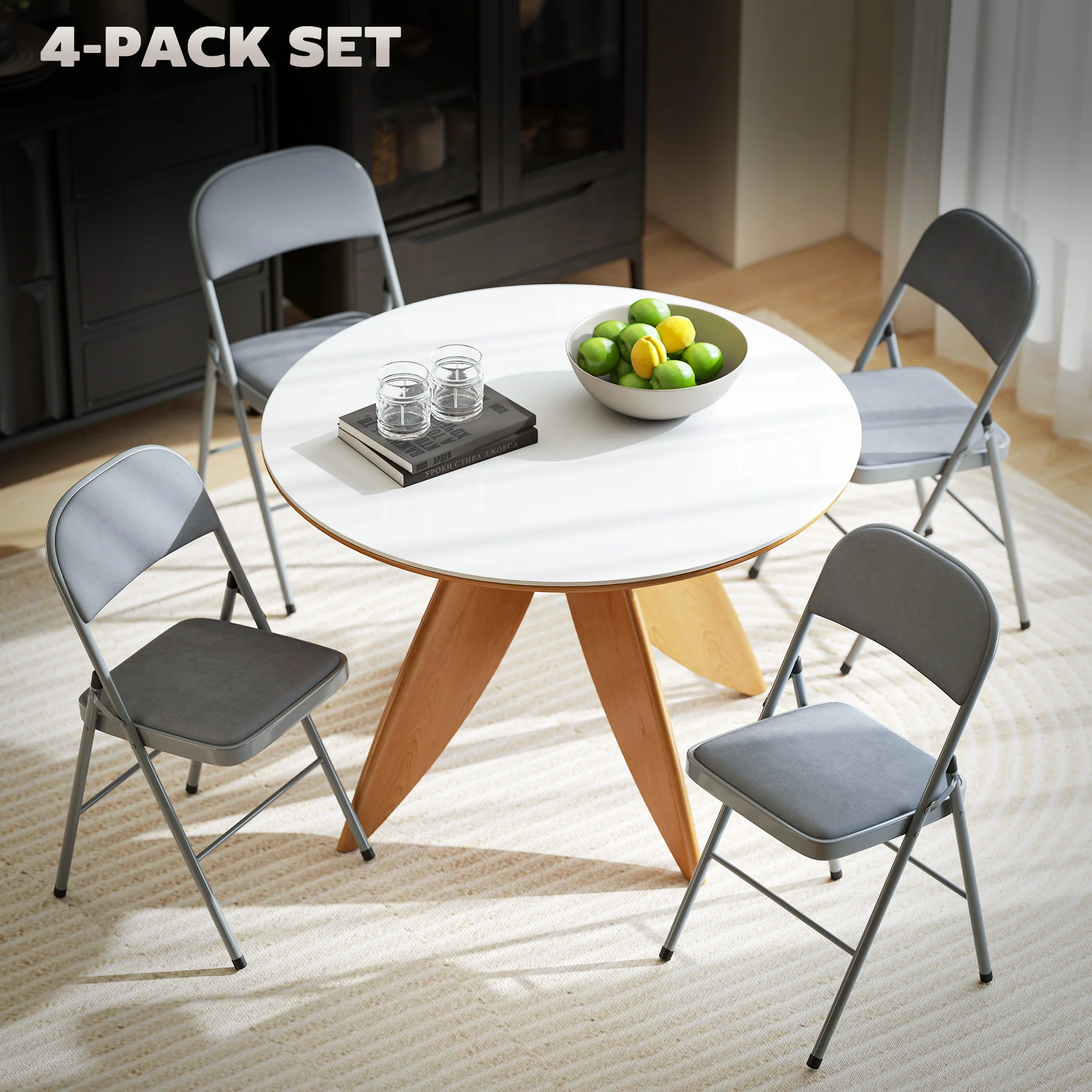 HOMCOM Folding Chairs Set of 4, Foldable Chairs with Cushions, Light Grey - Image 4