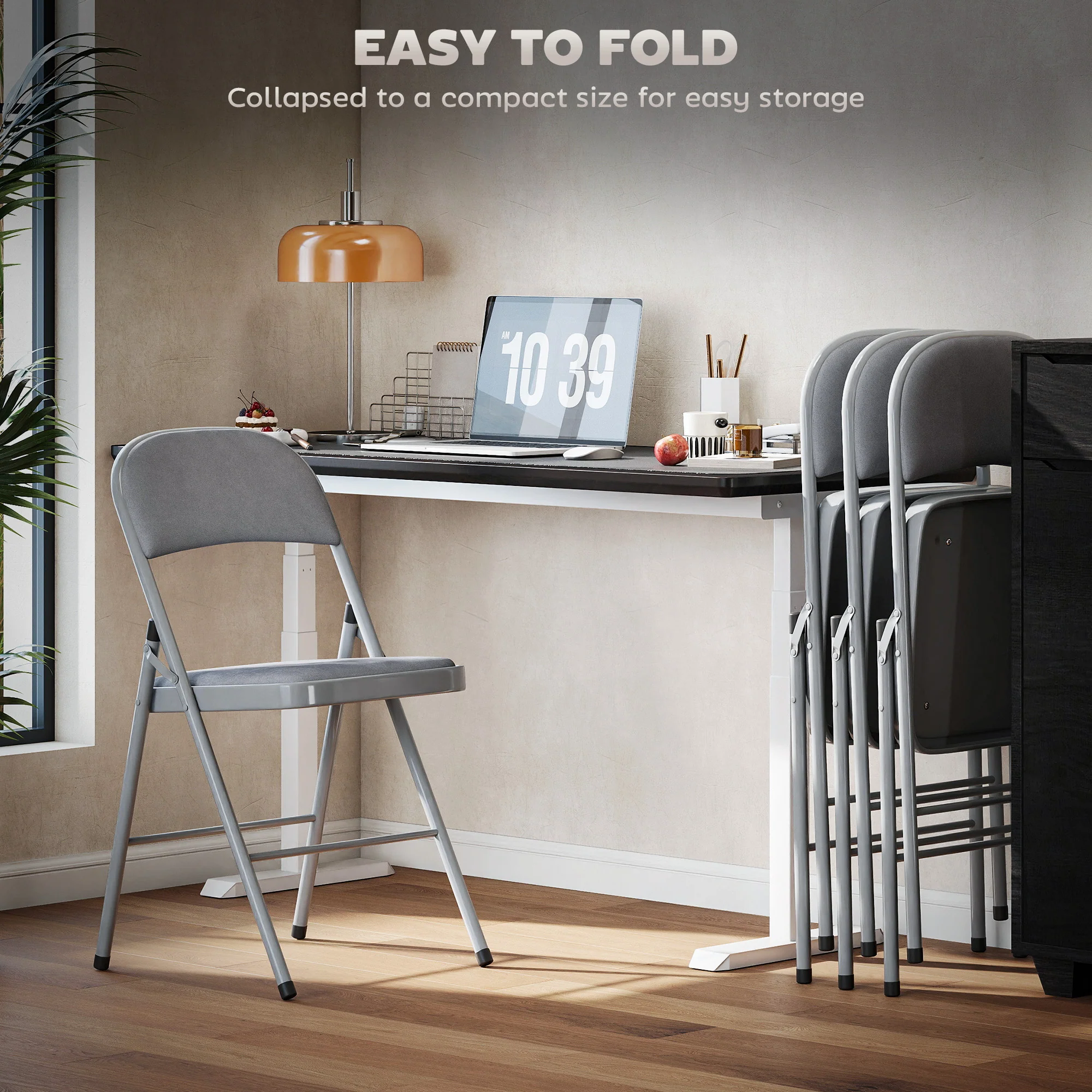 HOMCOM Folding Chairs Set of 4, Foldable Chairs with Cushions, Light Grey - Image 6