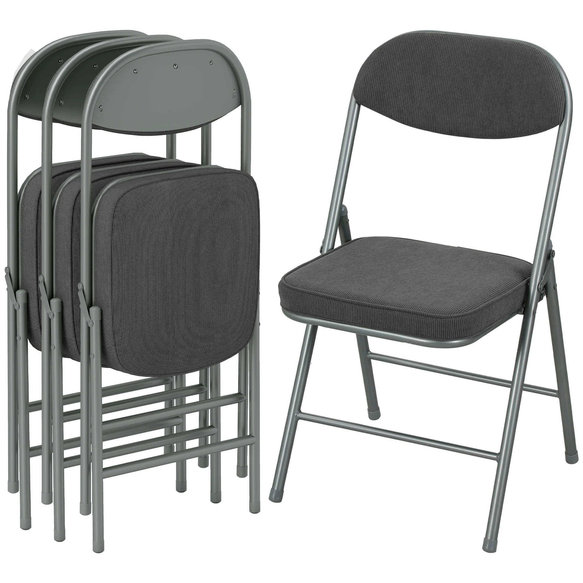 HOMCOM Folding Chairs Set of 4 with Cushioned Seat, Steel Frame, Dark Grey