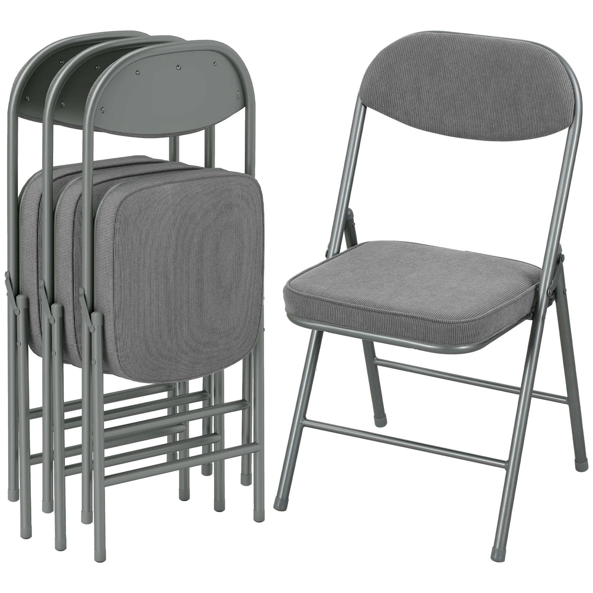 HOMCOM Folding Chairs Set of 4 with Cushioned Seat, Steel Frame, Grey
