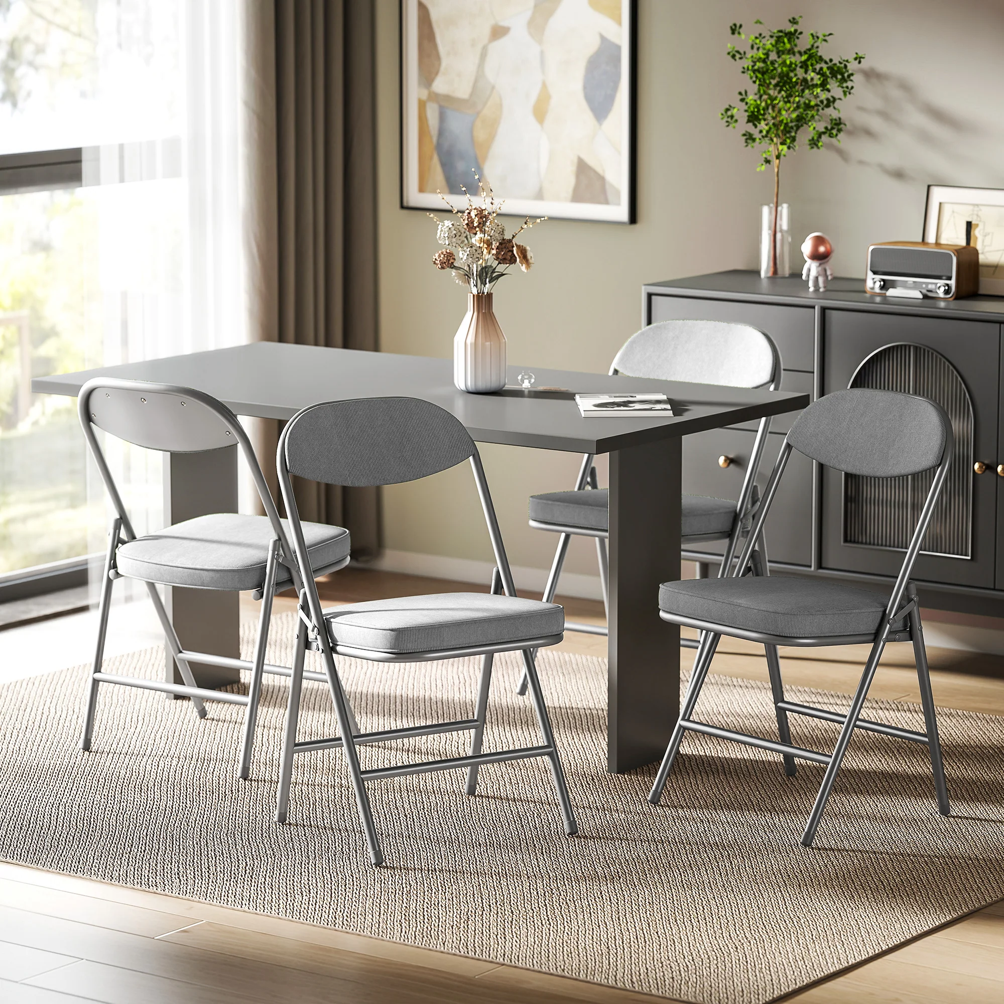 HOMCOM Folding Chairs Set of 4 with Cushioned Seat, Steel Frame, Grey - Image 2