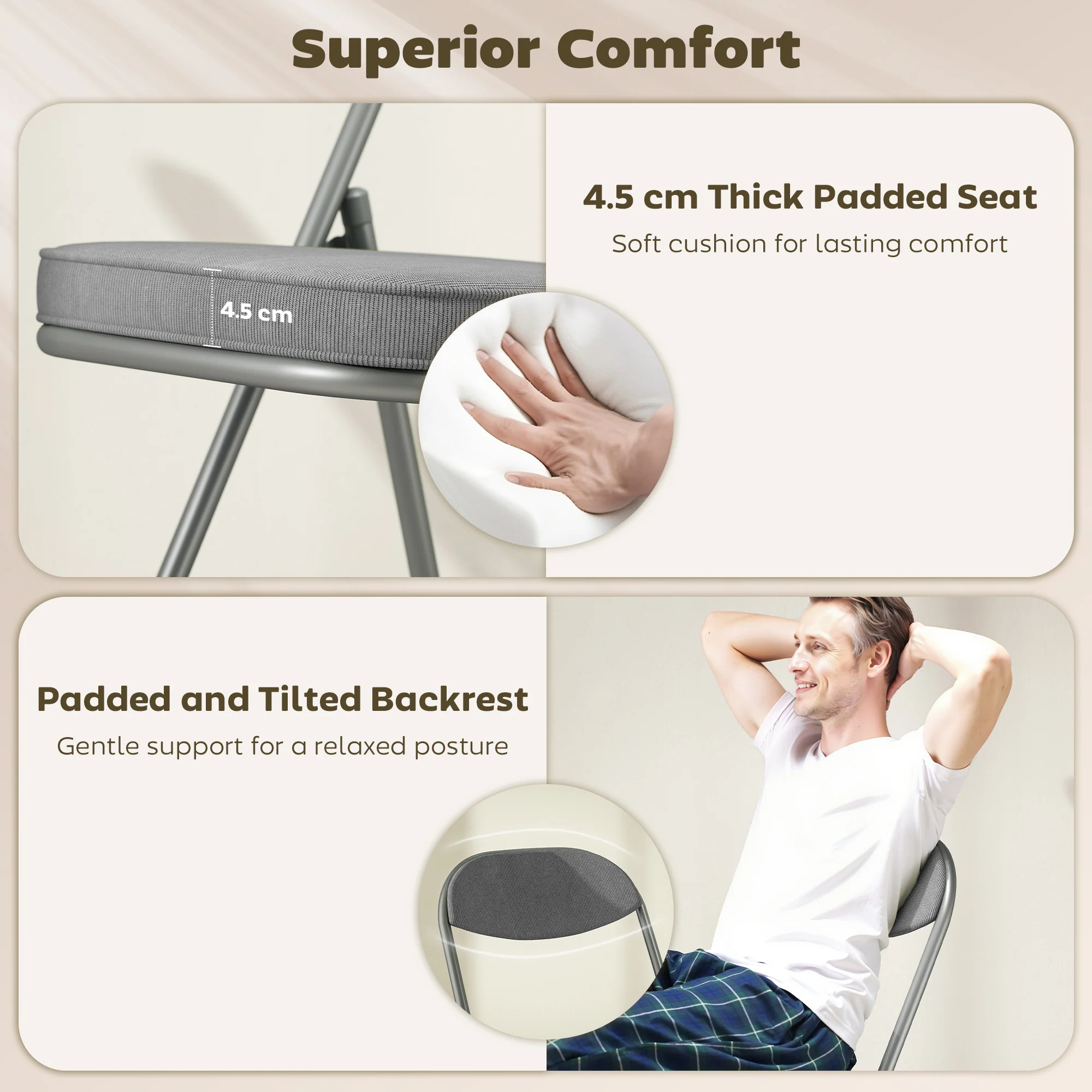 HOMCOM Folding Chairs Set of 4 with Cushioned Seat, Steel Frame, Grey - Image 3