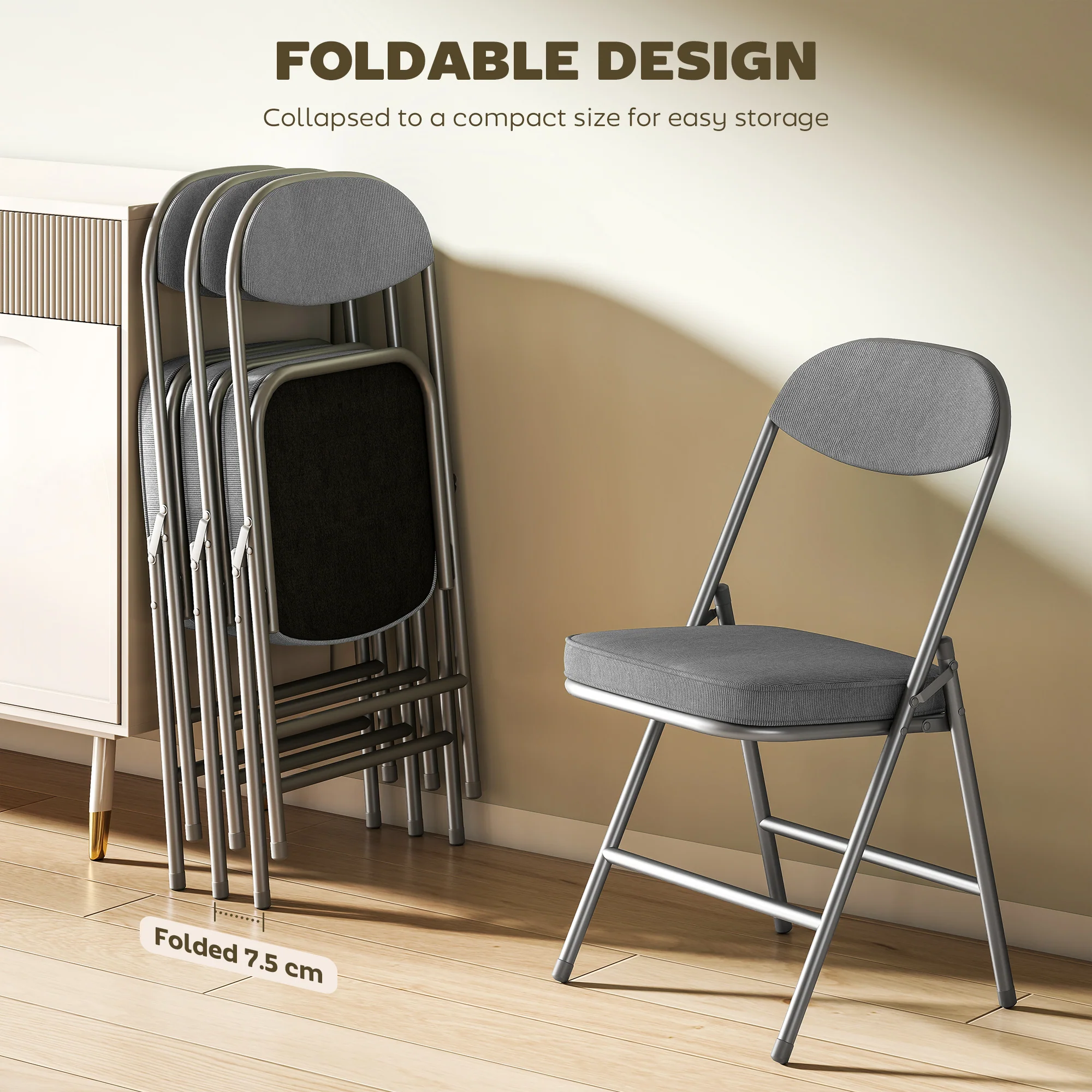 HOMCOM Folding Chairs Set of 4 with Cushioned Seat, Steel Frame, Grey - Image 4