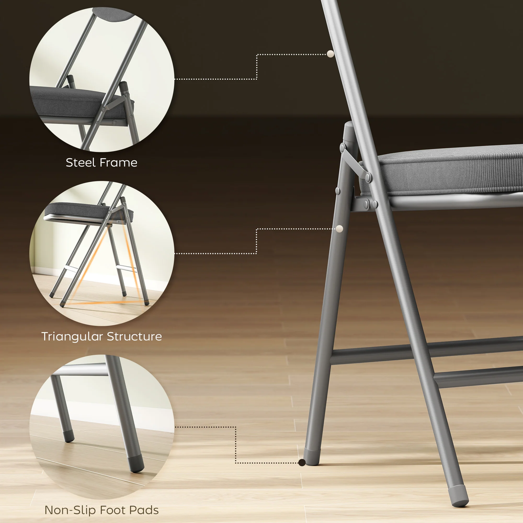 HOMCOM Folding Chairs Set of 4 with Cushioned Seat, Steel Frame, Grey - Image 6