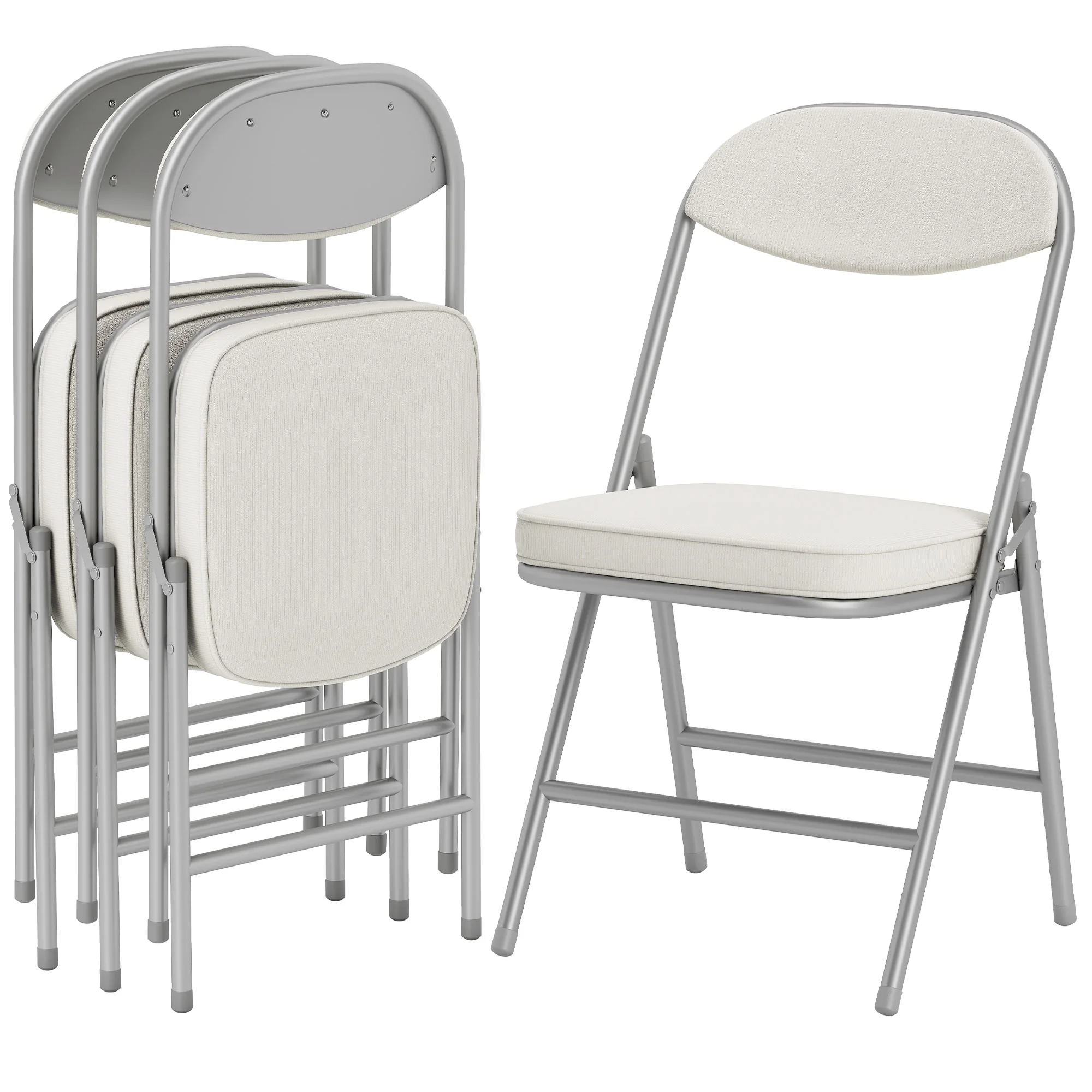HOMCOM Folding Chairs Set of 4 with Cushioned Seat, Steel Frame, Off-White