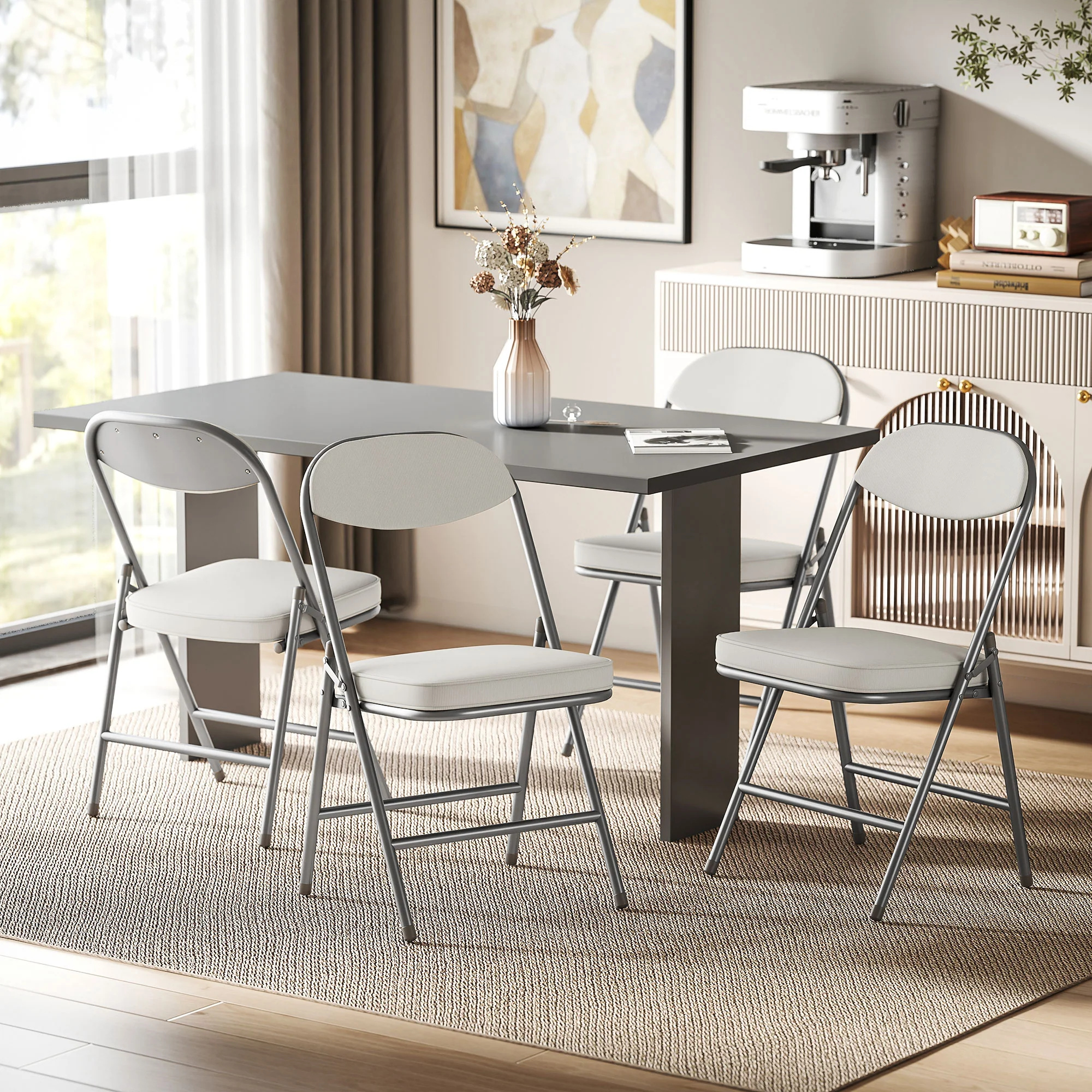 HOMCOM Folding Chairs Set of 4 with Cushioned Seat, Steel Frame, Off-White - Image 2
