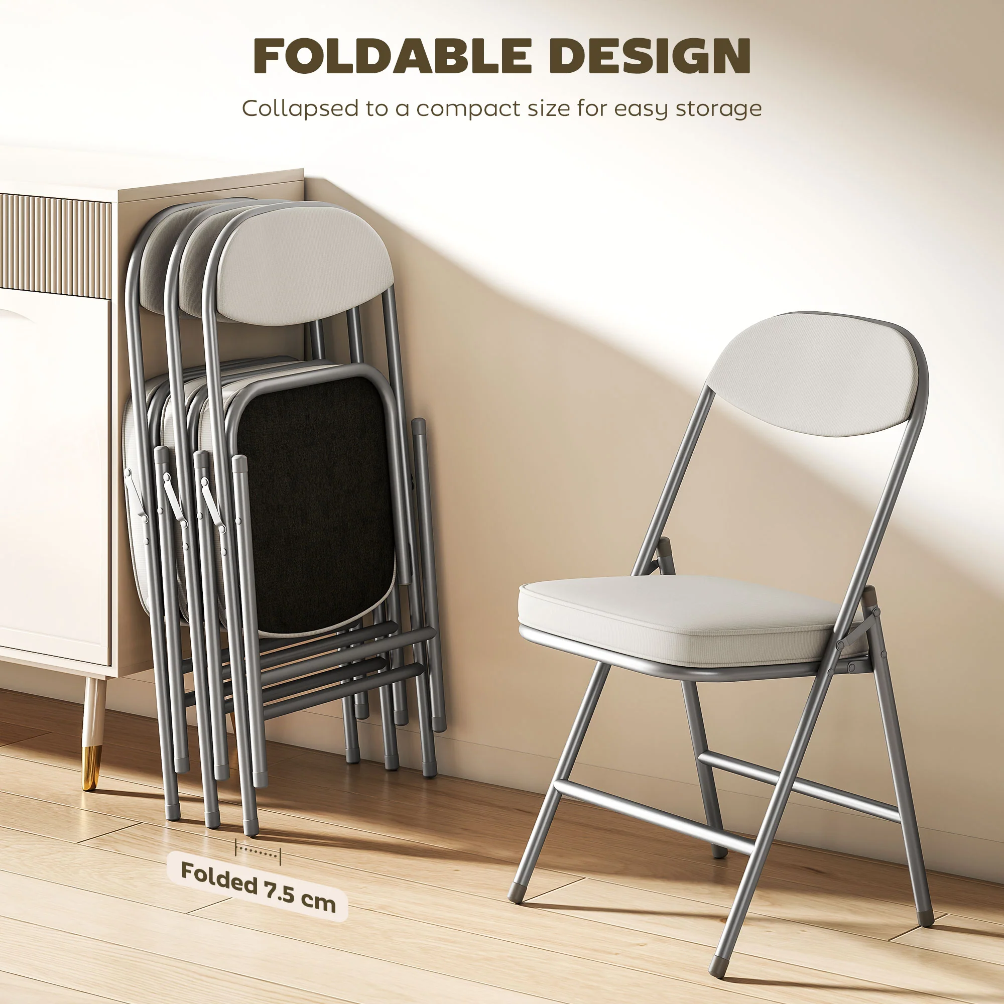 HOMCOM Folding Chairs Set of 4 with Cushioned Seat, Steel Frame, Off-White - Image 4