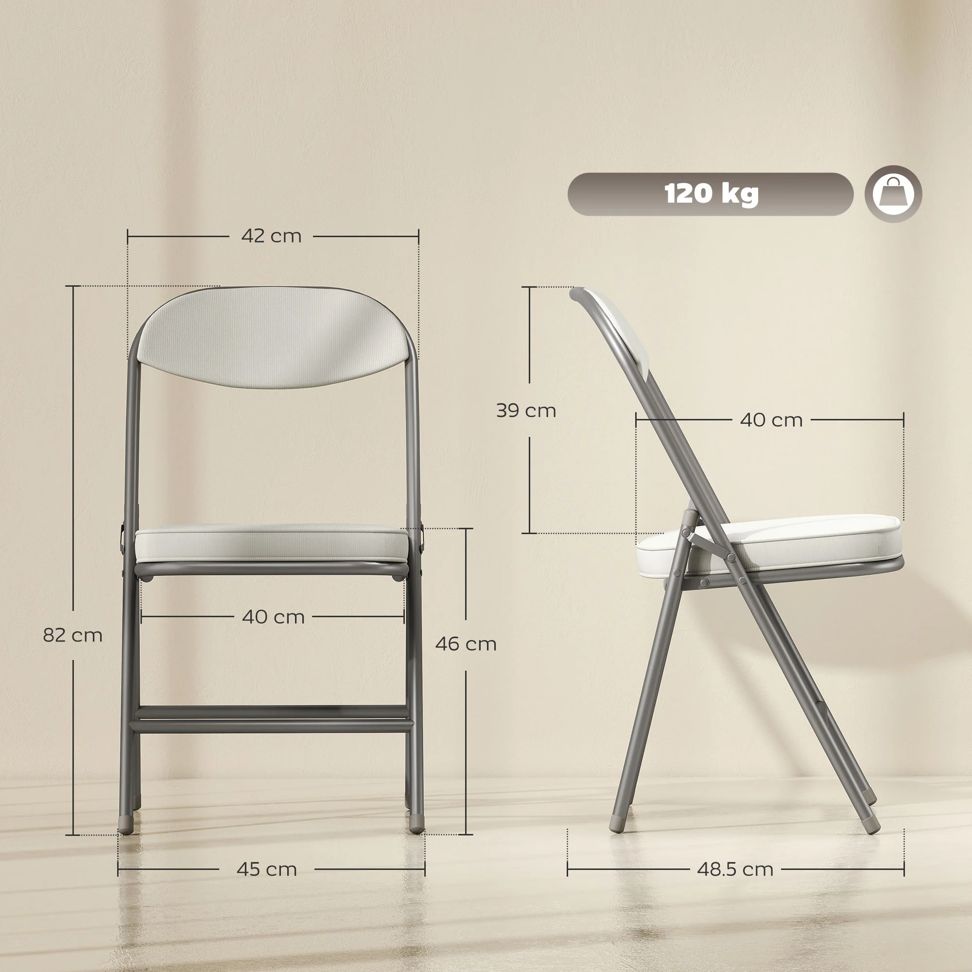 HOMCOM Folding Chairs Set of 4 with Cushioned Seat, Steel Frame, Off-White - Image 5