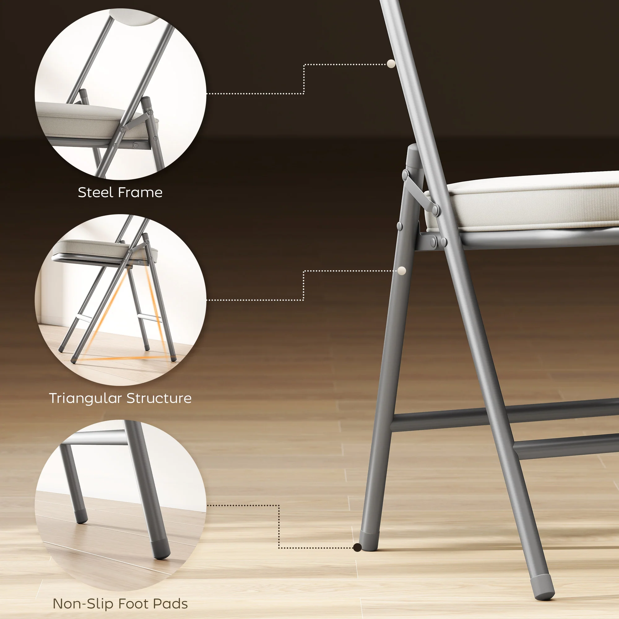 HOMCOM Folding Chairs Set of 4 with Cushioned Seat, Steel Frame, Off-White - Image 6