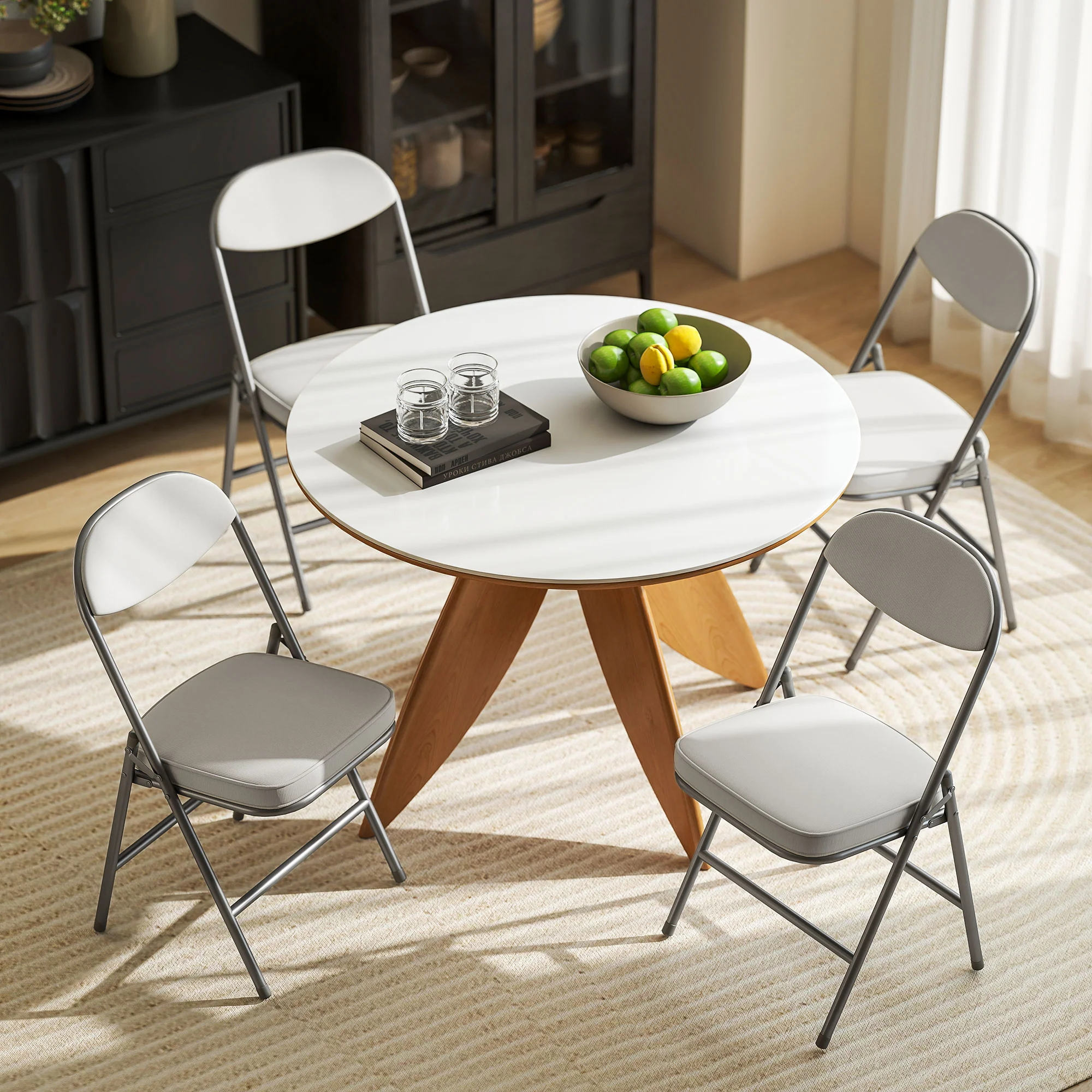 HOMCOM Folding Chairs Set of 4 with Cushioned Seat, Steel Frame, Off-White - Image 8