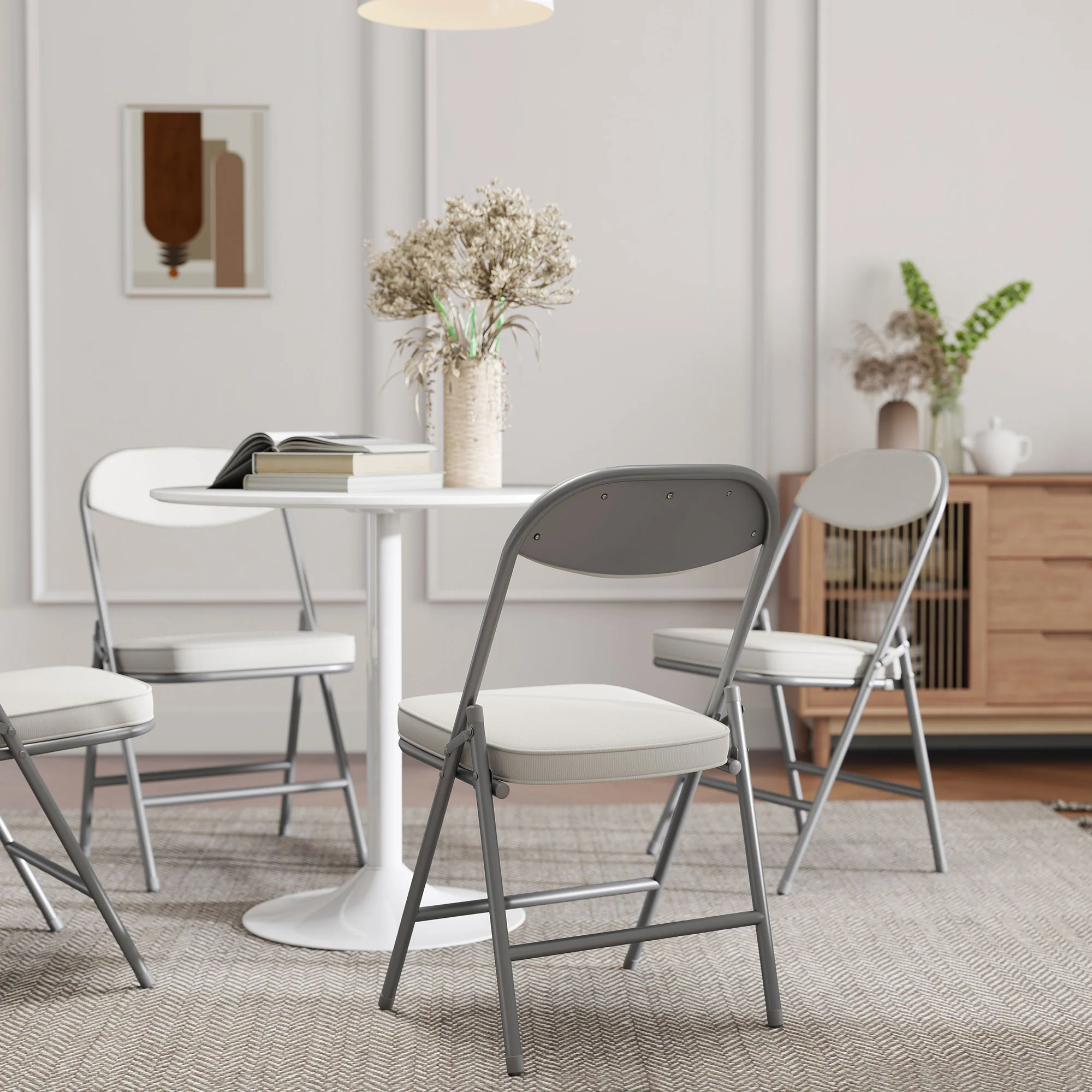 HOMCOM Folding Chairs Set of 4 with Cushioned Seat, Steel Frame, Off-White - Image 9