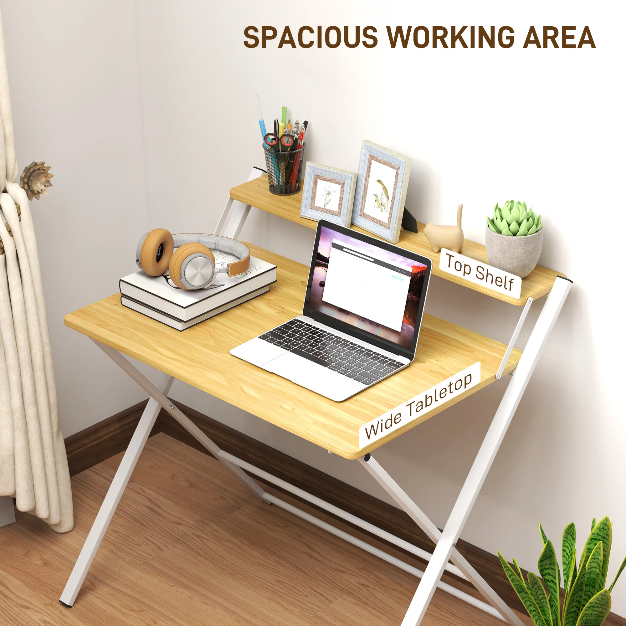 HOMCOM Folding Desk With 2-Tier Shelf For Home Office, Maple Wood-effect - Image 4