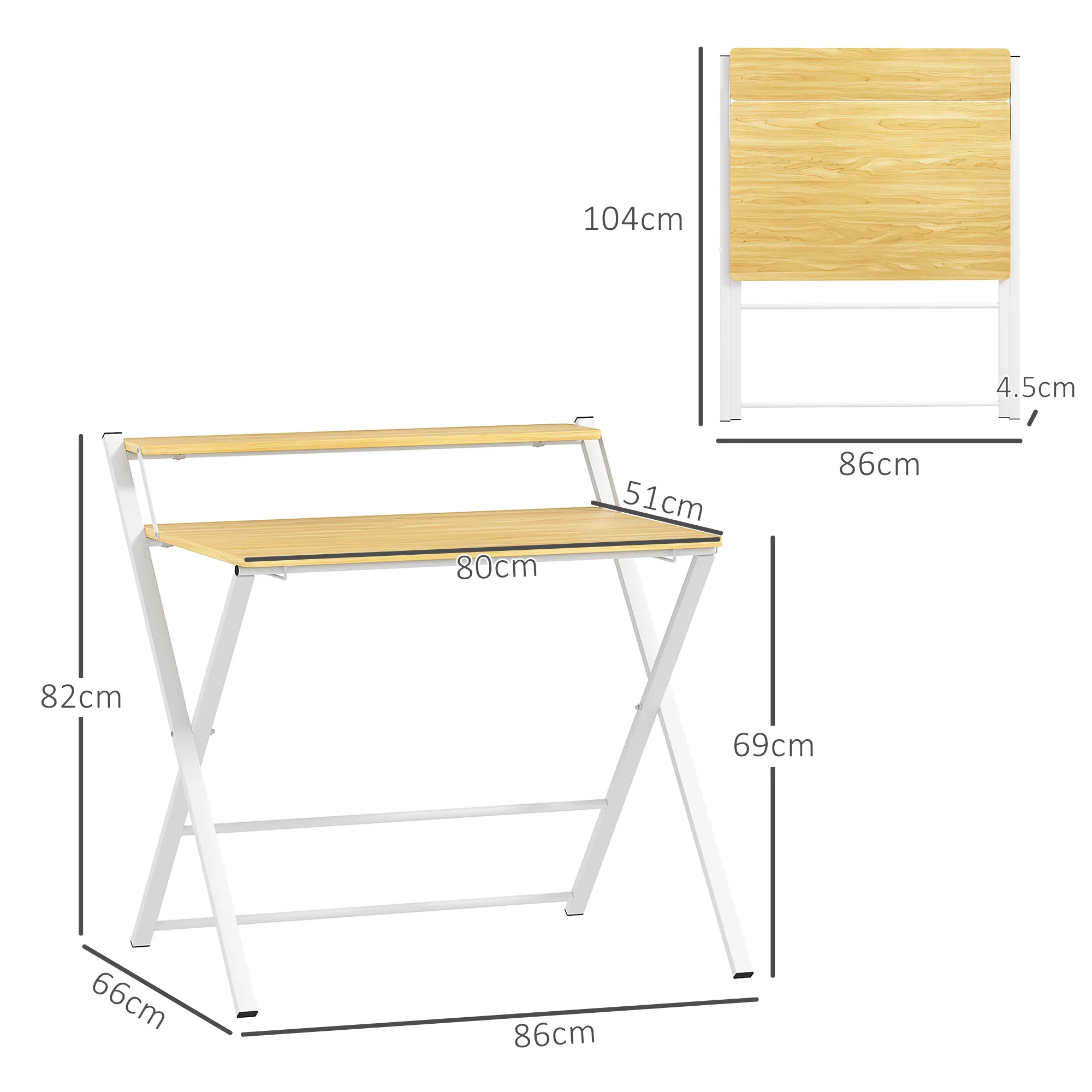 HOMCOM Folding Desk With 2-Tier Shelf For Home Office, Maple Wood-effect - Image 5