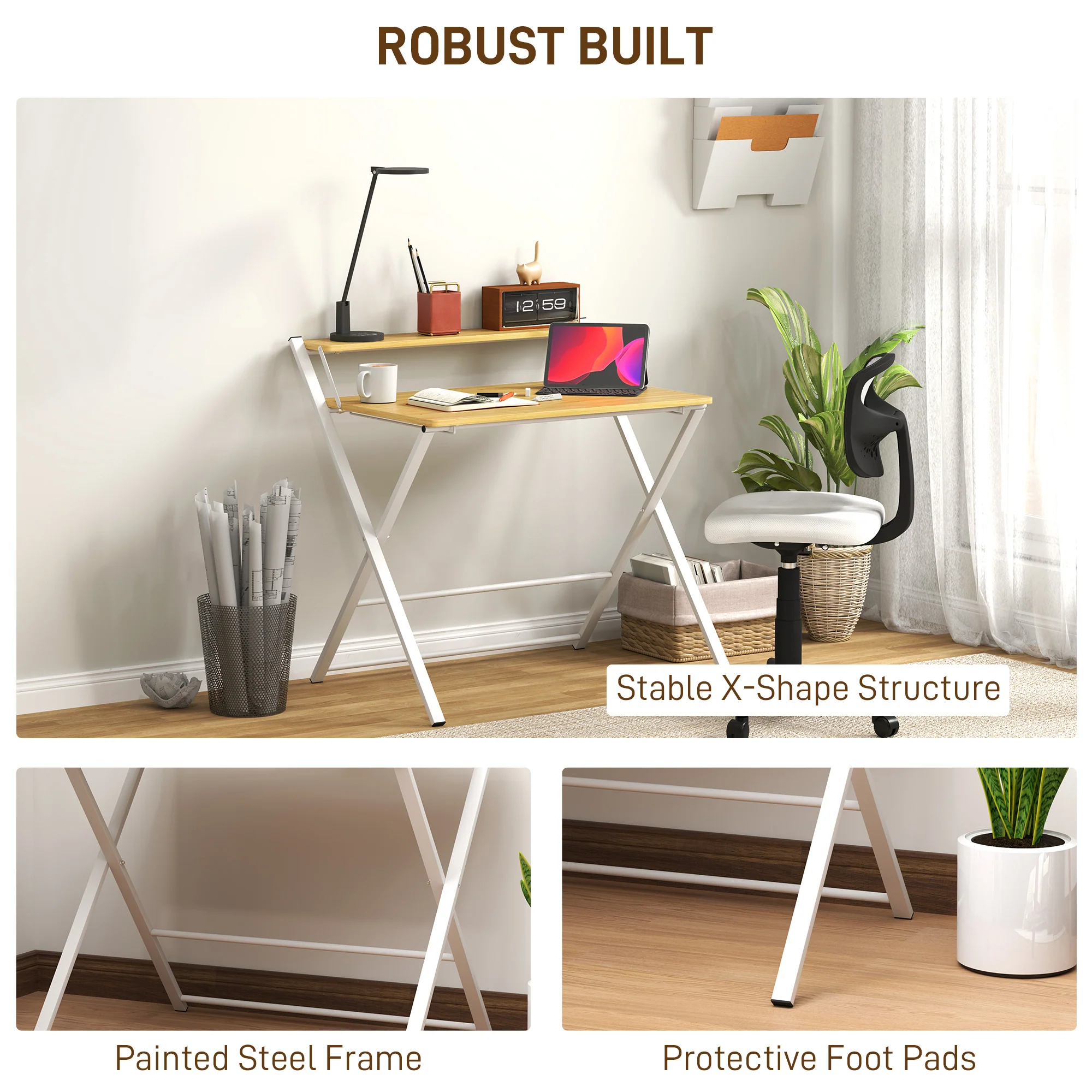 HOMCOM Folding Desk With 2-Tier Shelf For Home Office, Maple Wood-effect - Image 6
