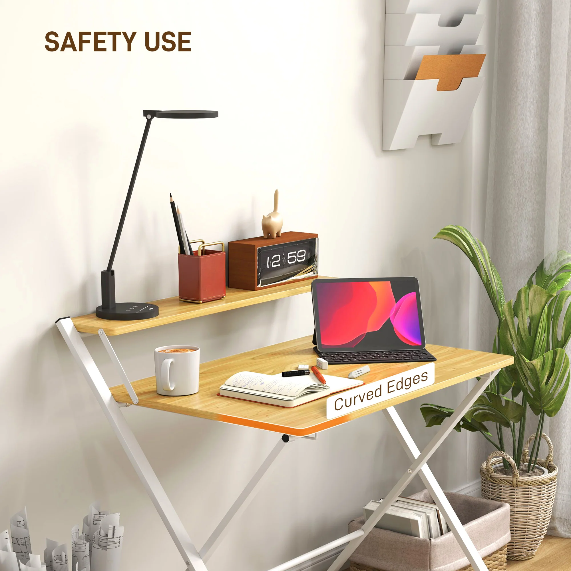 HOMCOM Folding Desk With 2-Tier Shelf For Home Office, Maple Wood-effect - Image 7