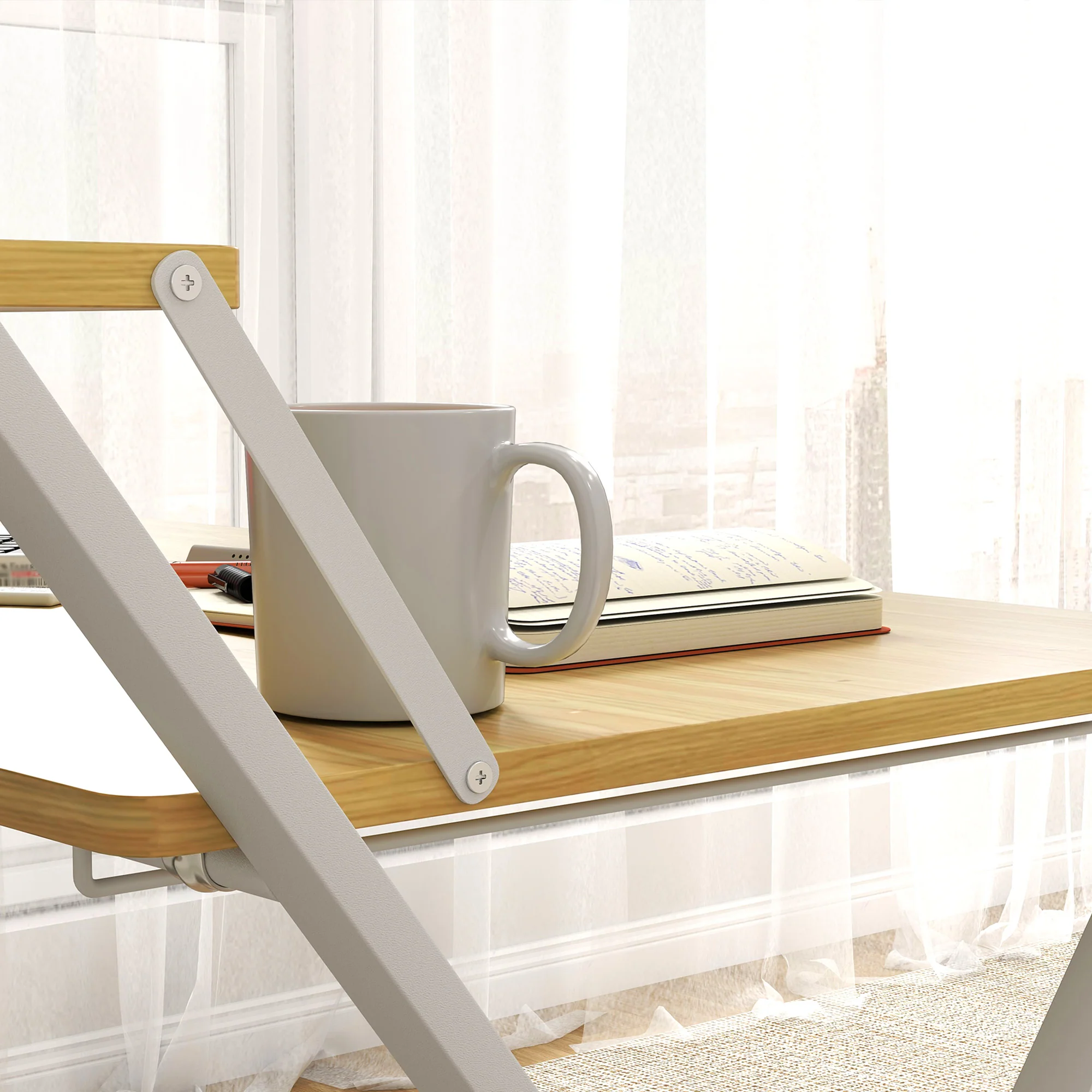 HOMCOM Folding Desk With 2-Tier Shelf For Home Office, Maple Wood-effect - Image 8