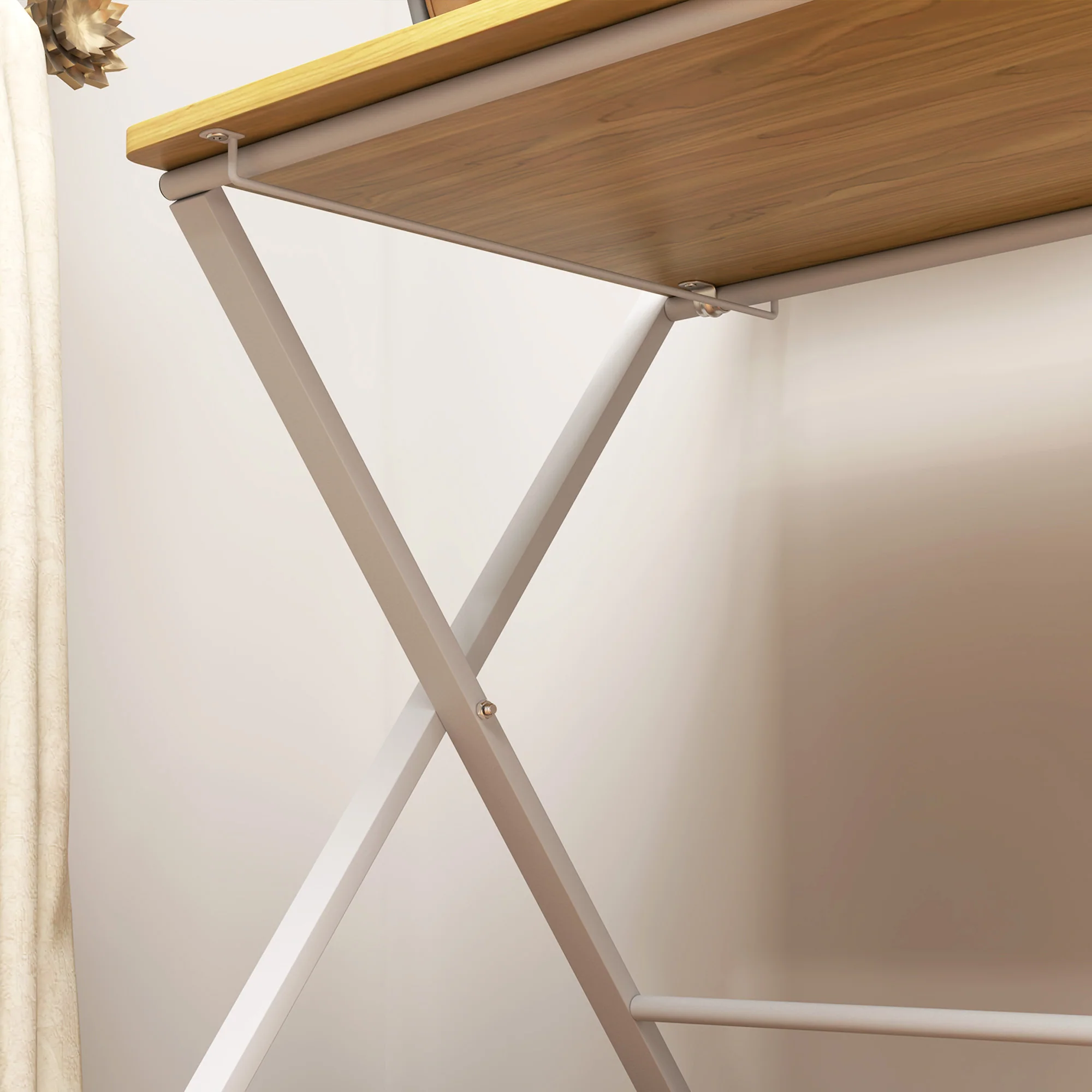 HOMCOM Folding Desk With 2-Tier Shelf For Home Office, Maple Wood-effect - Image 9