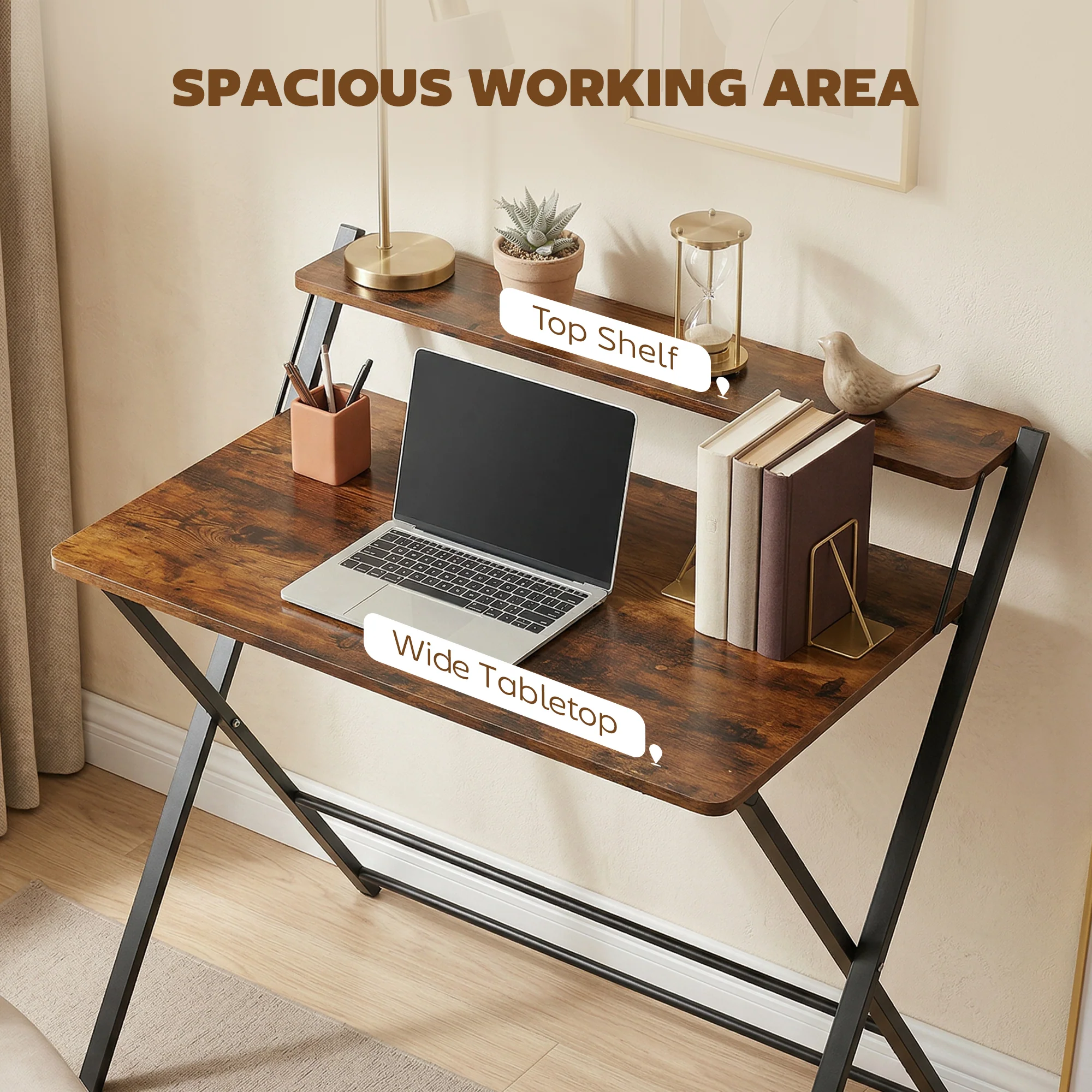 HOMCOM Folding Desk with 2-Tier Shelf for Home Office, Rustic Brown - Image 4