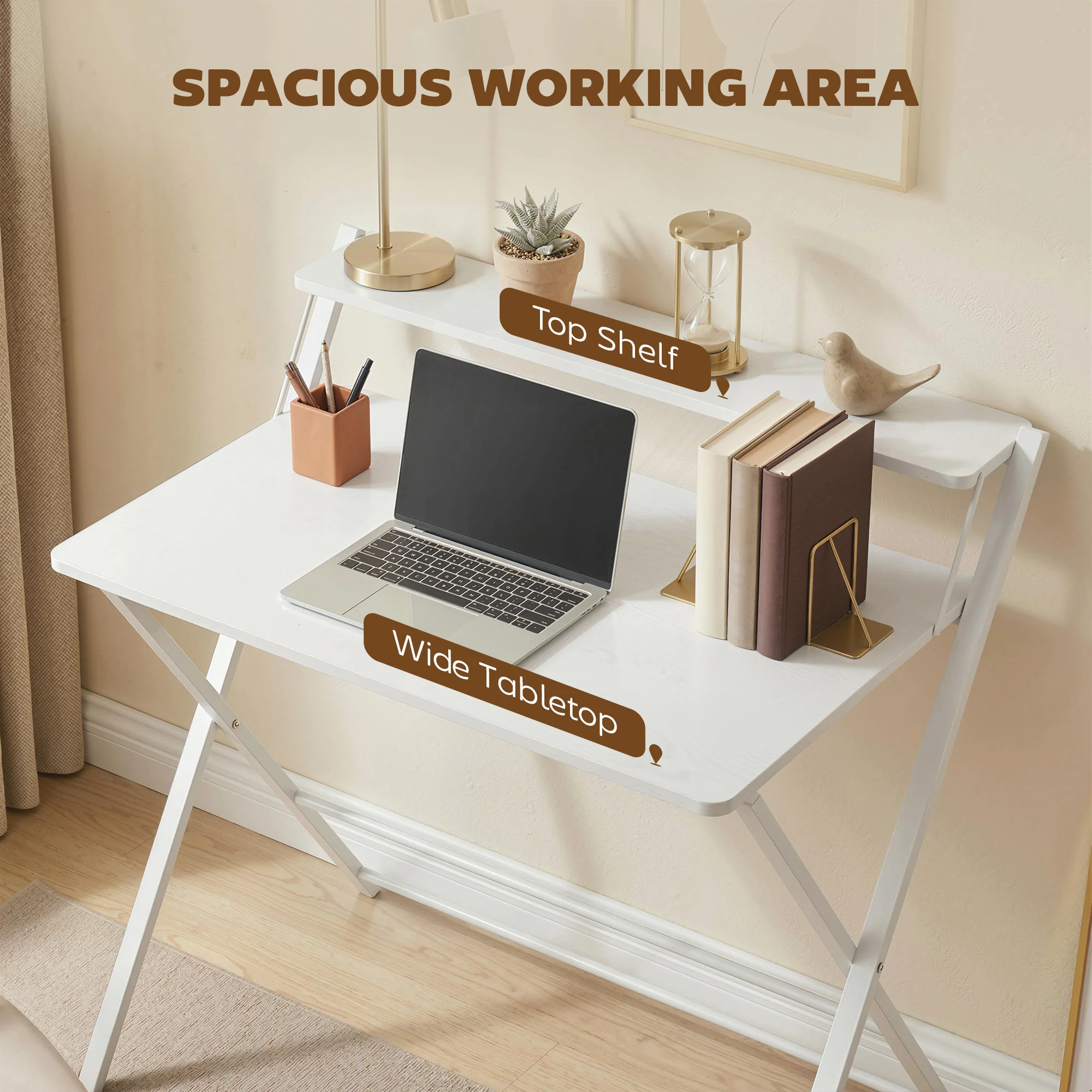HOMCOM Folding Desk with 2-Tier Shelf for Home Office, White - Image 4