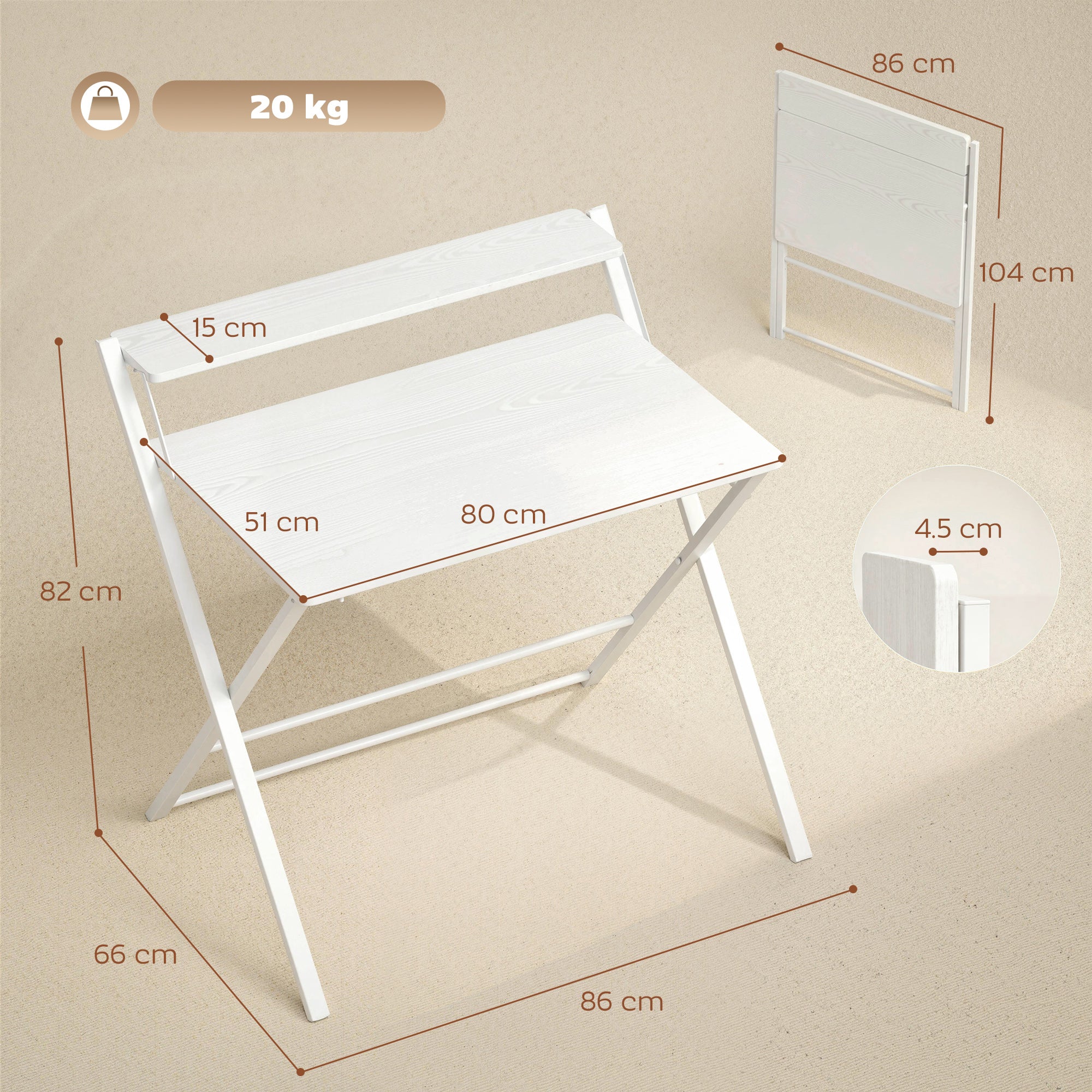HOMCOM Folding Desk with 2-Tier Shelf for Home Office, White - Image 5