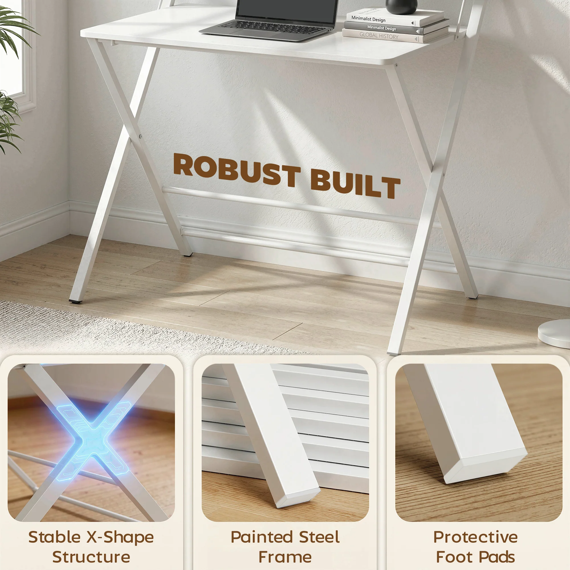 HOMCOM Folding Desk with 2-Tier Shelf for Home Office, White - Image 7