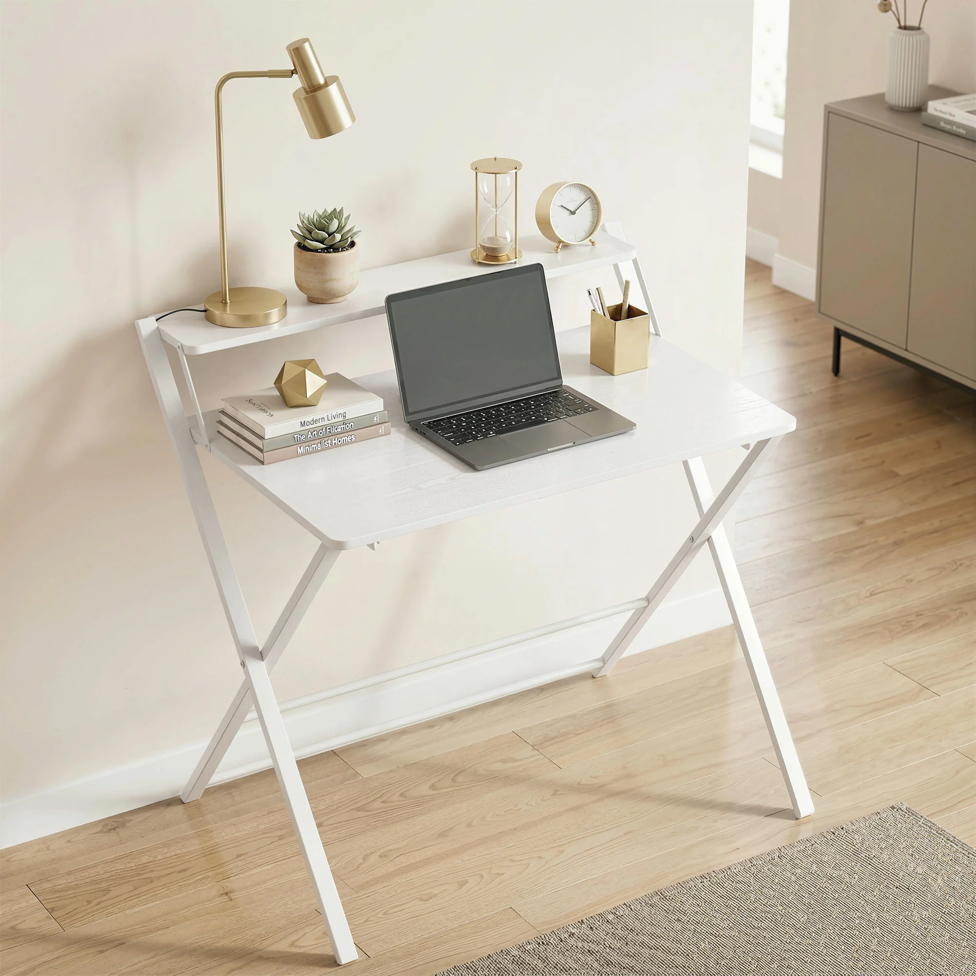 HOMCOM Folding Desk with 2-Tier Shelf for Home Office, White - Image 9