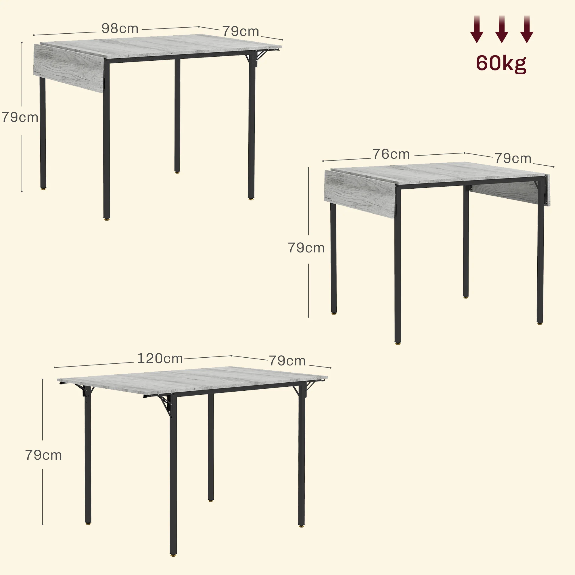 HOMCOM Folding Dining Table, Drop Leaf Table For 2-4 People, Grey - Image 5