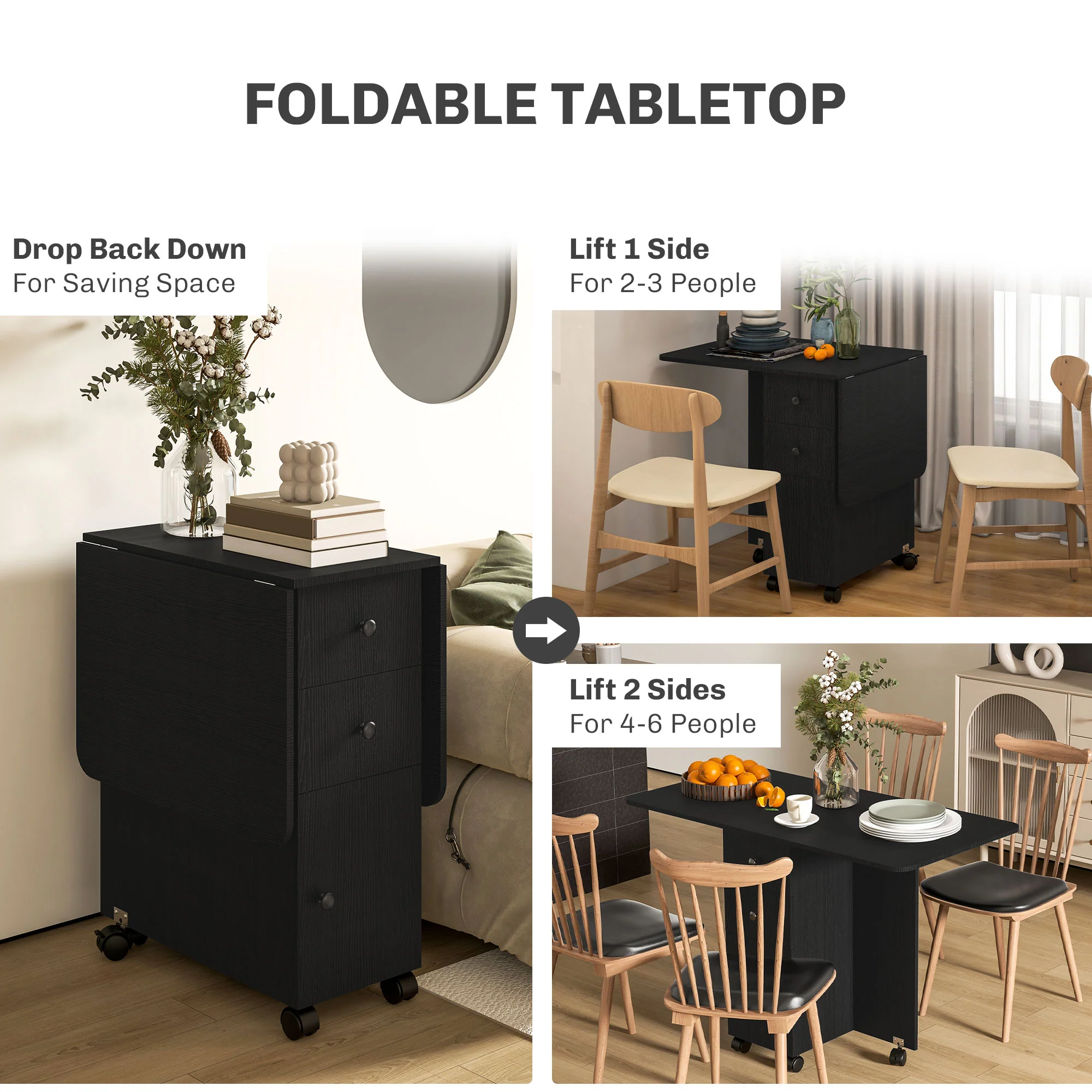 HOMCOM Folding Dining Table, Drop Leaf Table With Drawers Distressed - Image 4