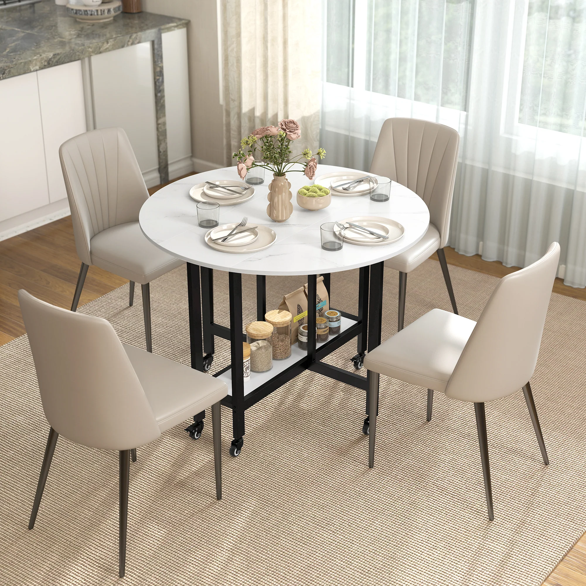 HOMCOM Folding Dining Table, Drop Leaf Table With Open Shelf, White Marble - Image 2