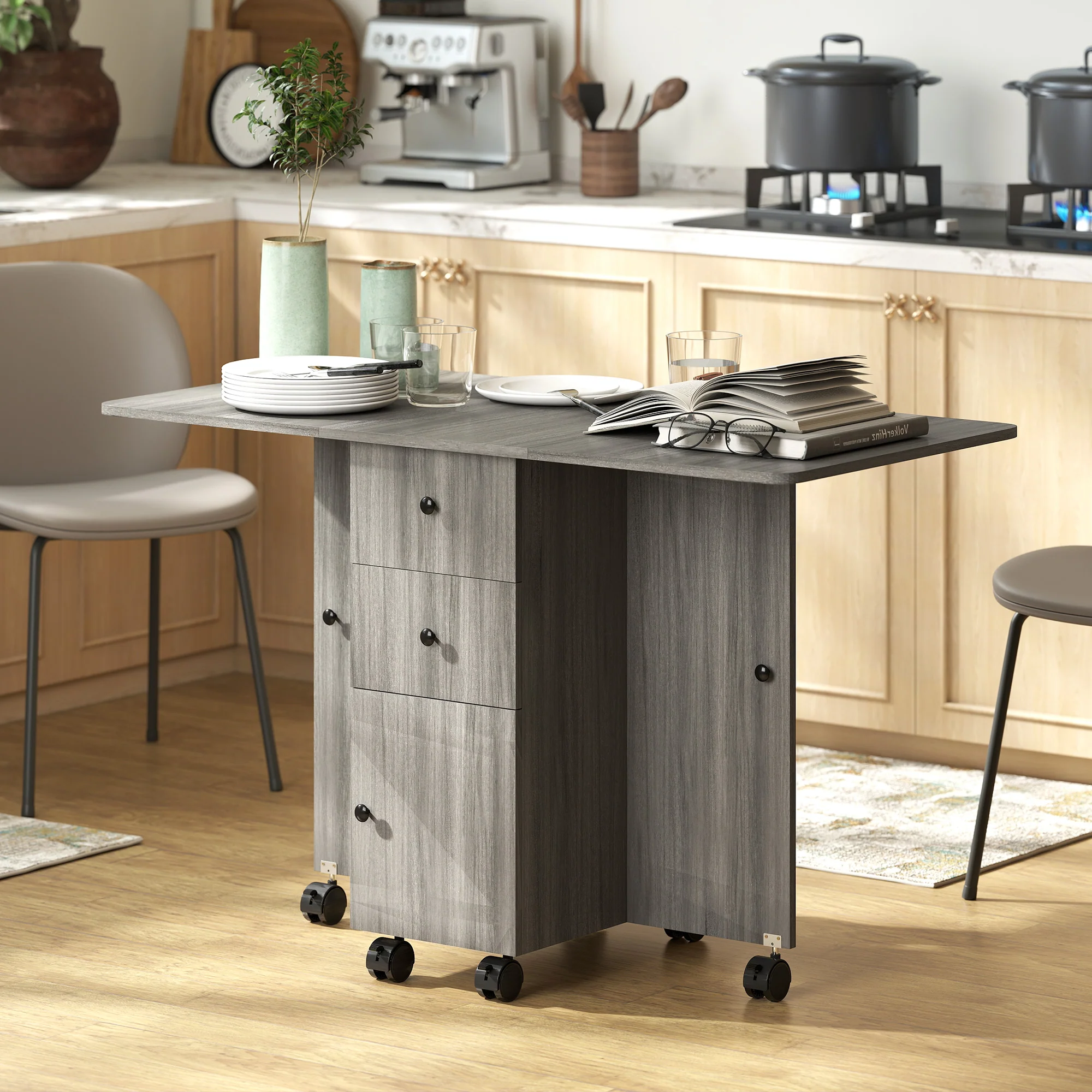 HOMCOM Folding Dining Table, Drop Leaf Table With Storage Drawers Grey