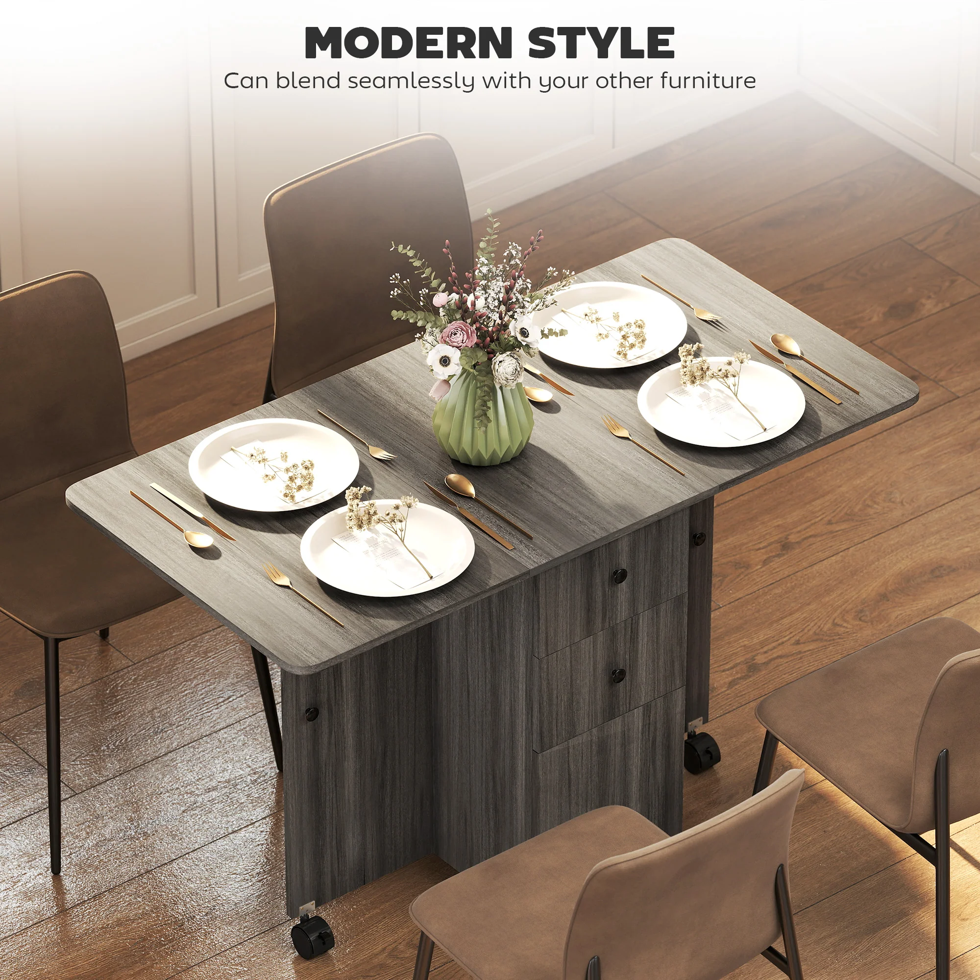 HOMCOM Folding Dining Table, Drop Leaf Table With Storage Drawers Grey - Image 2