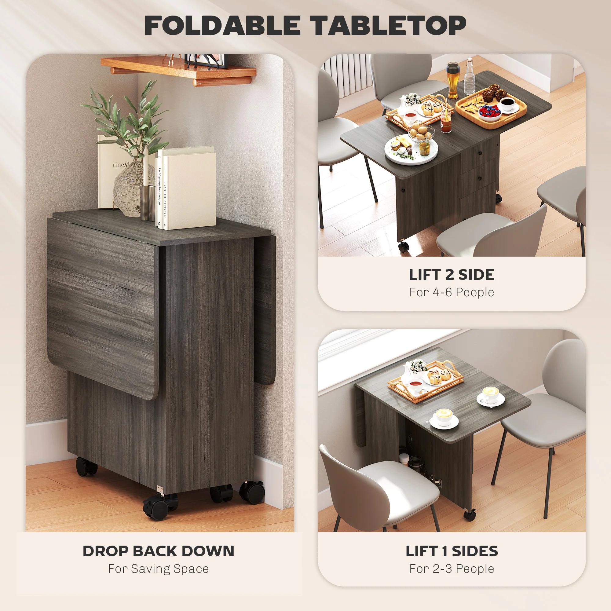 HOMCOM Folding Dining Table, Drop Leaf Table With Storage Drawers Grey - Image 3