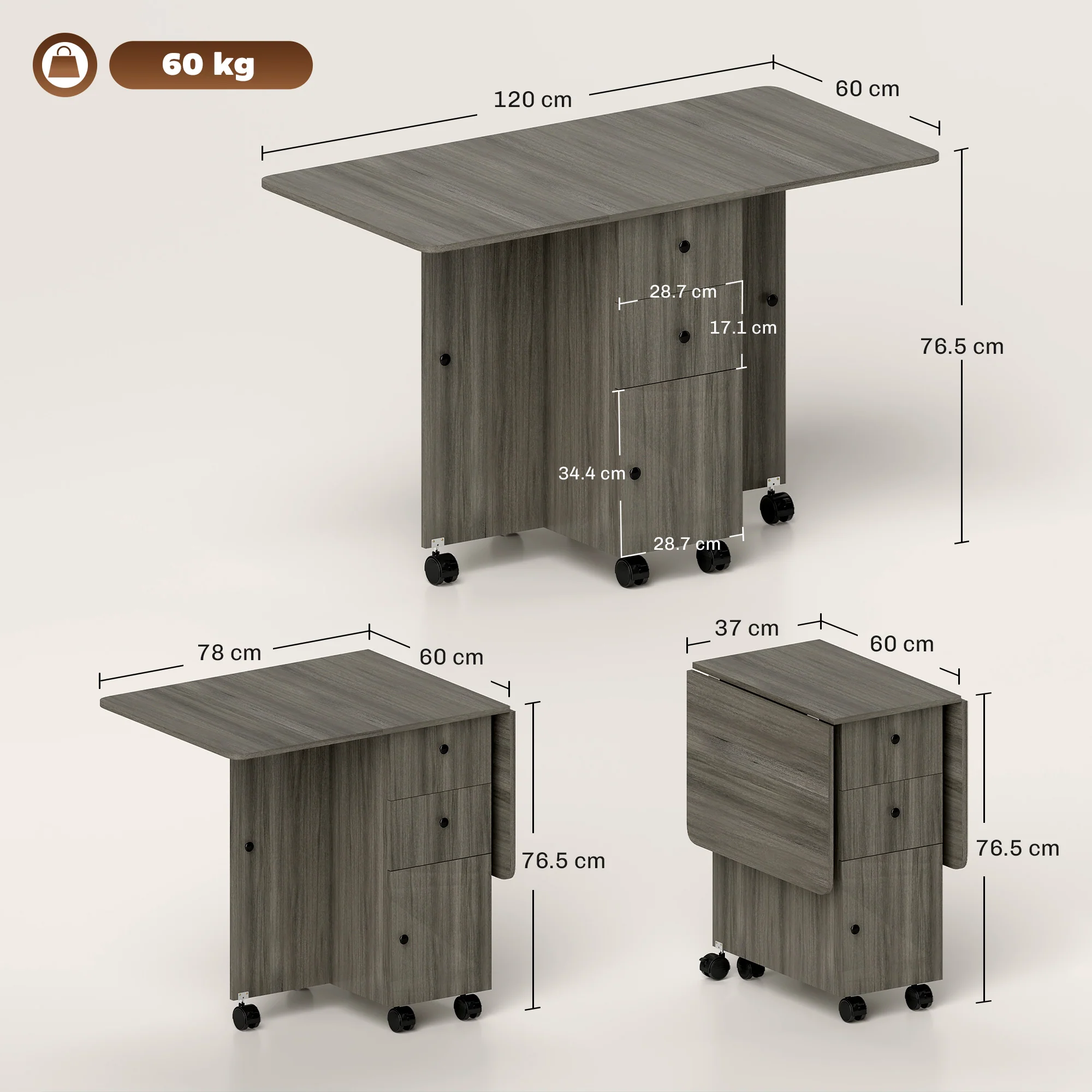 HOMCOM Folding Dining Table, Drop Leaf Table With Storage Drawers Grey - Image 4
