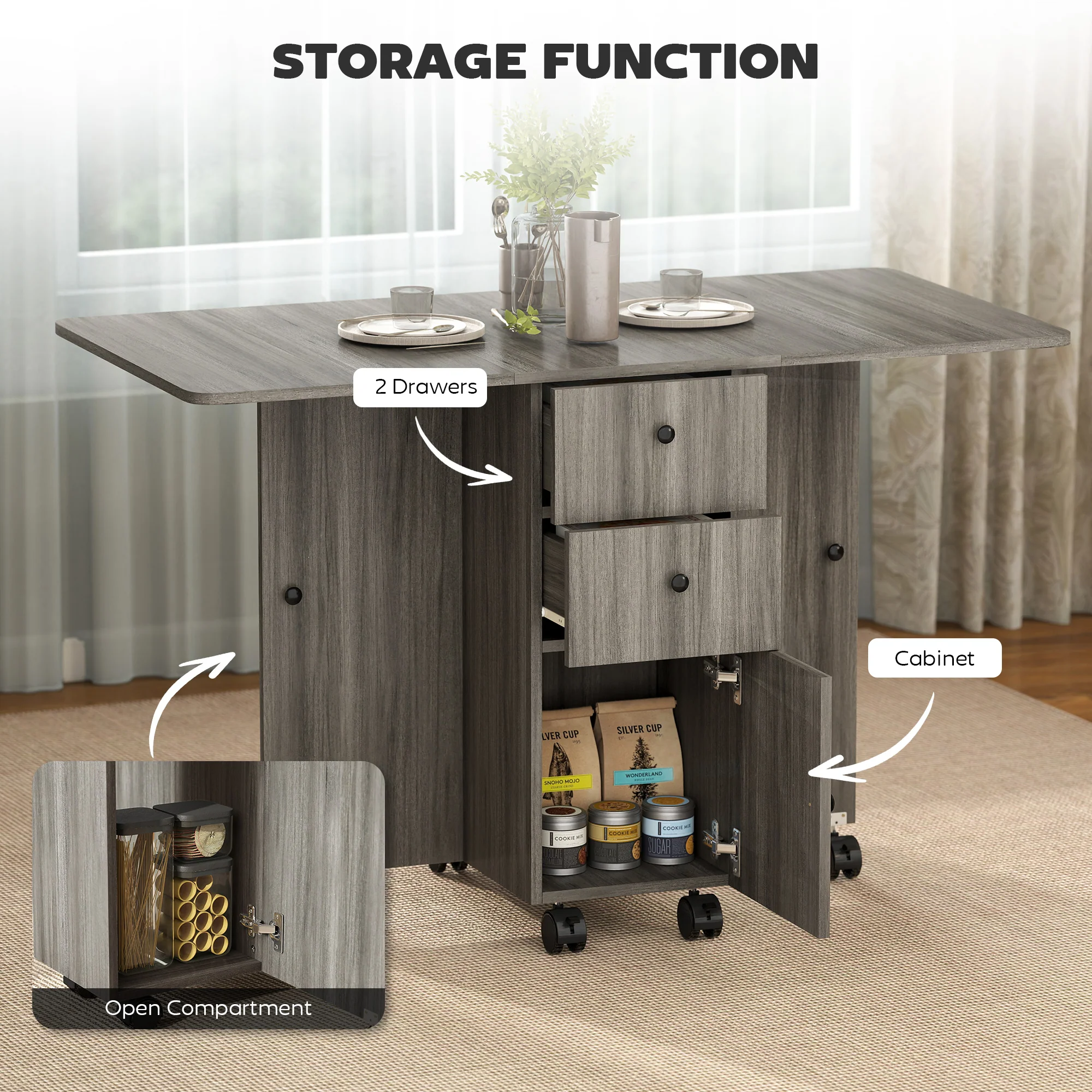 HOMCOM Folding Dining Table, Drop Leaf Table With Storage Drawers Grey - Image 5