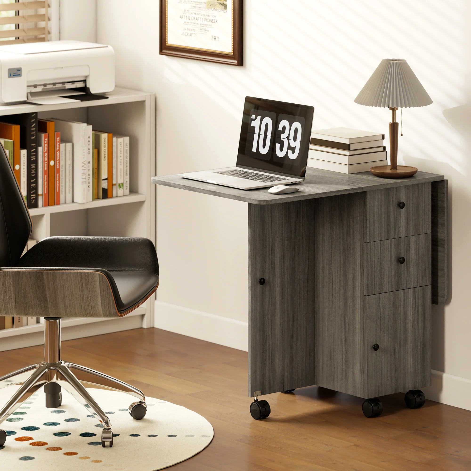 HOMCOM Folding Dining Table, Drop Leaf Table With Storage Drawers Grey - Image 7