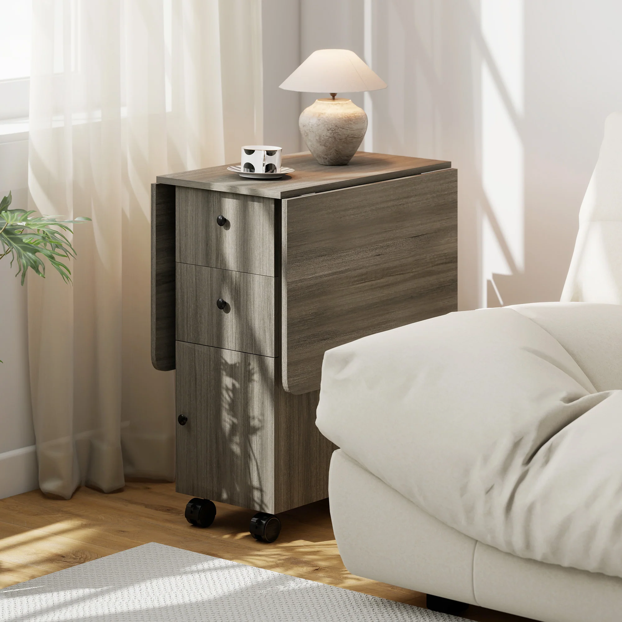 HOMCOM Folding Dining Table, Drop Leaf Table With Storage Drawers Grey - Image 8