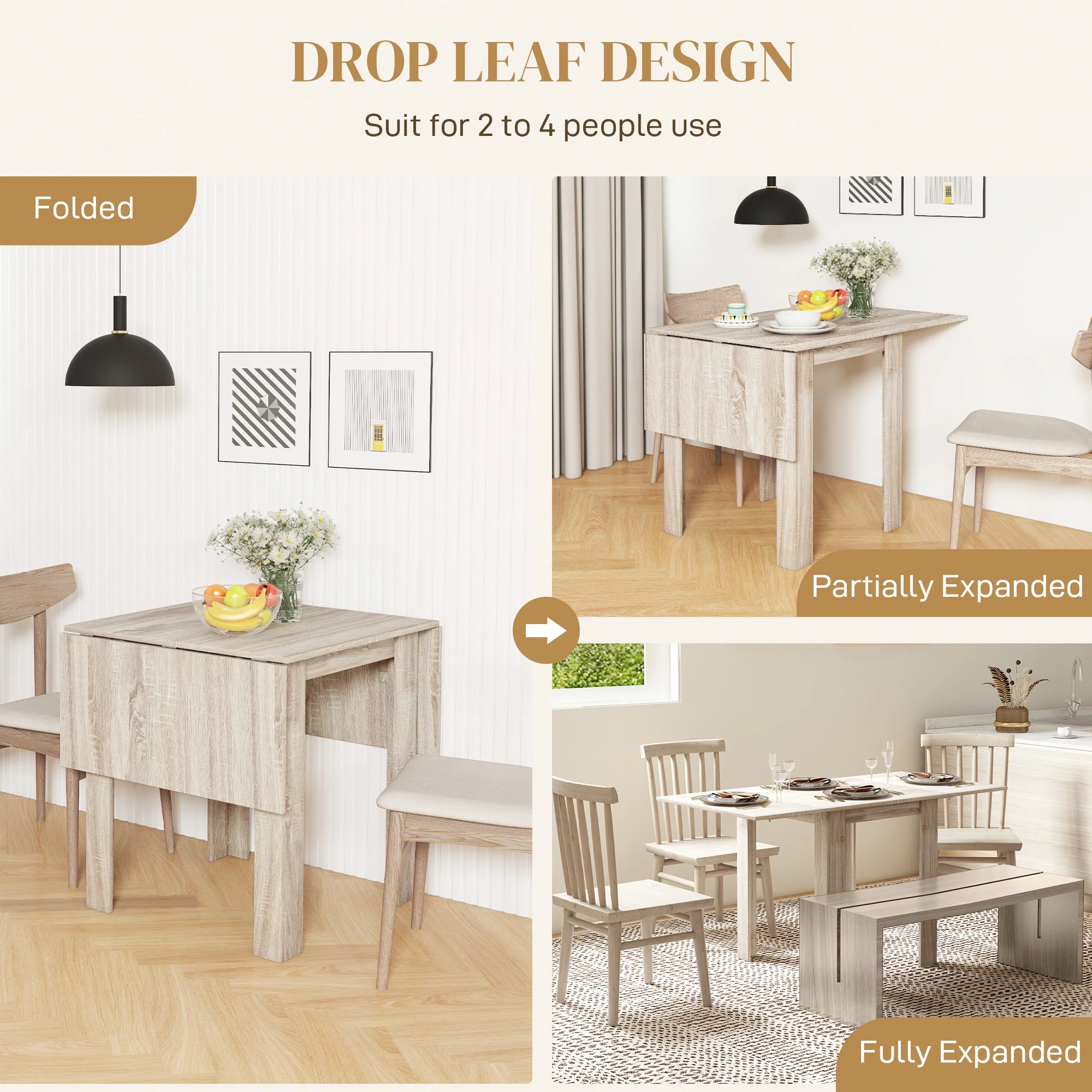 HOMCOM Folding Dining Table Extendable Kitchen Table Drop Leaf Table For 2-4 - Image 3
