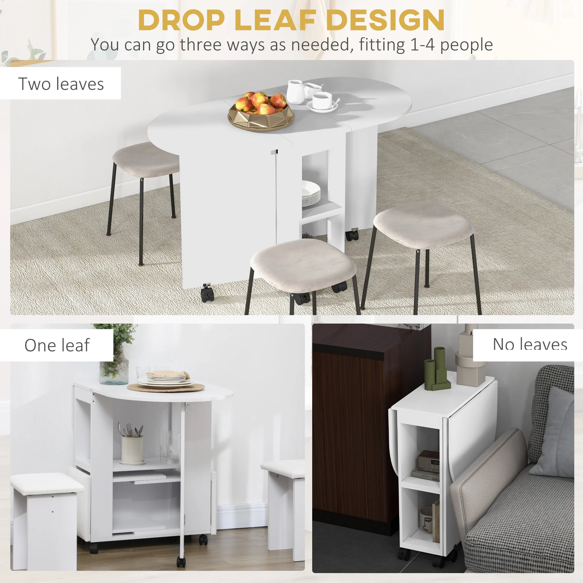 HOMCOM Folding Dining Table For Small Spaces With 2-tier Shelves White - Image 3