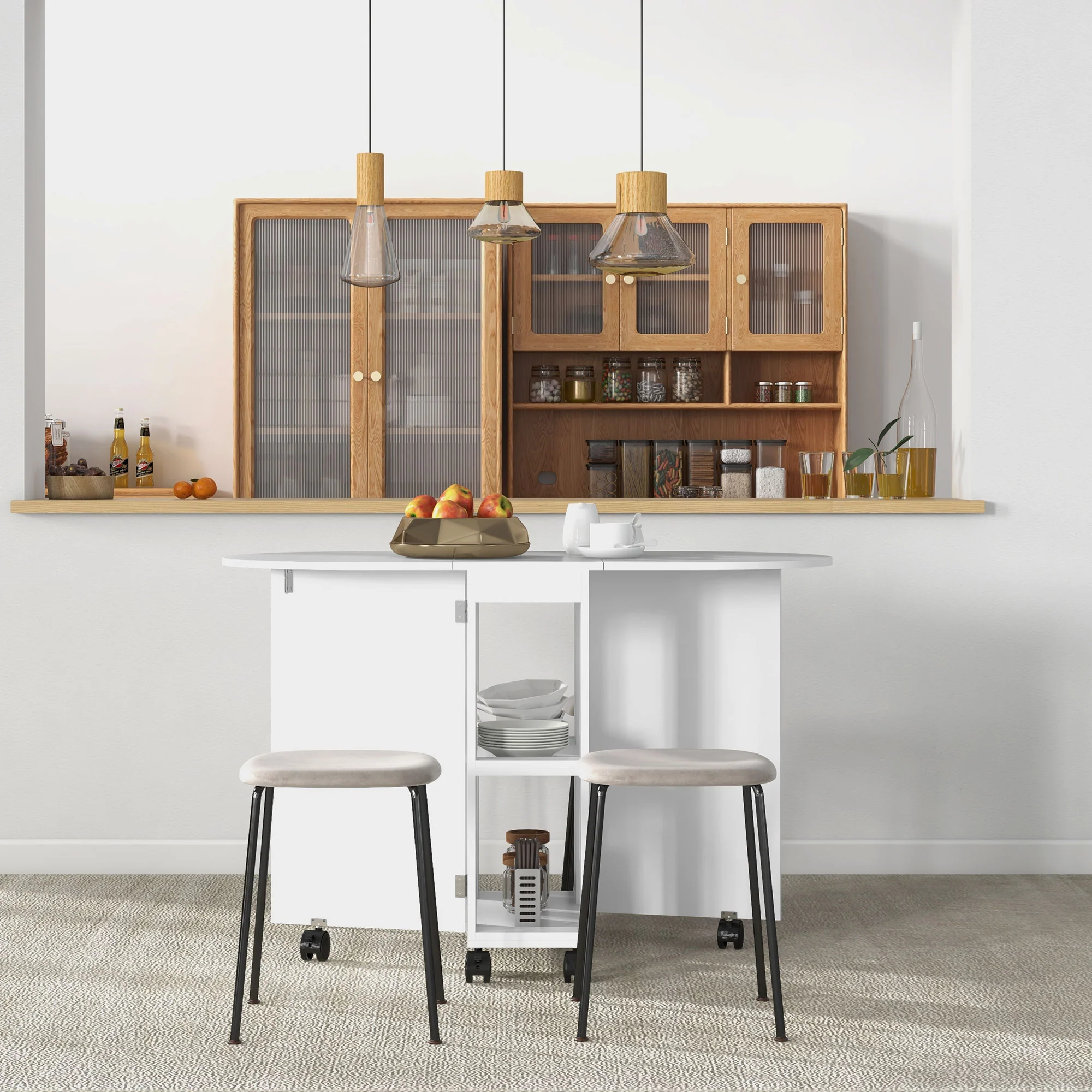 HOMCOM Folding Dining Table For Small Spaces With 2-tier Shelves White - Image 8