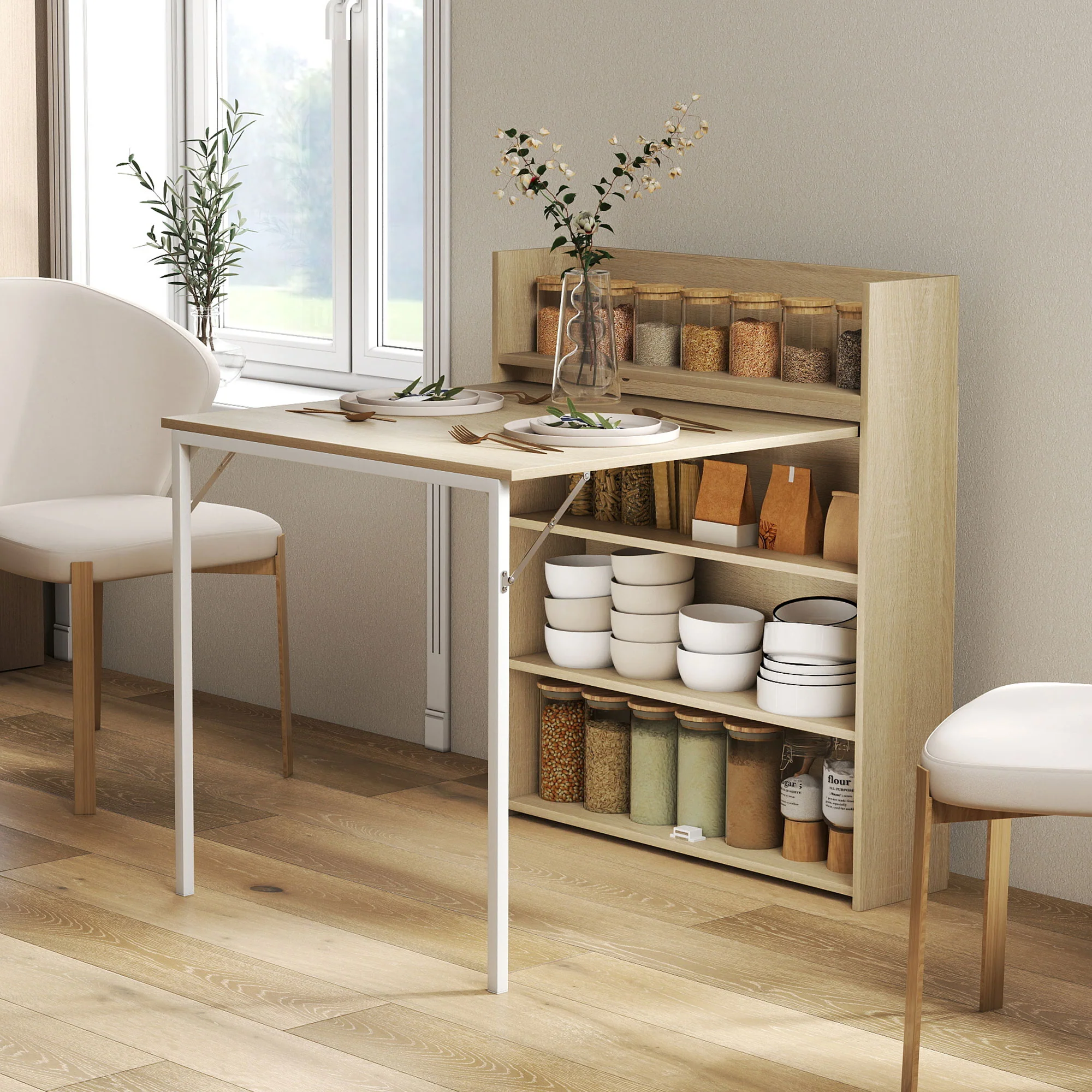 HOMCOM Folding Dining Table, Kitchen Table with Shelves Oak Wood Effect - Image 2