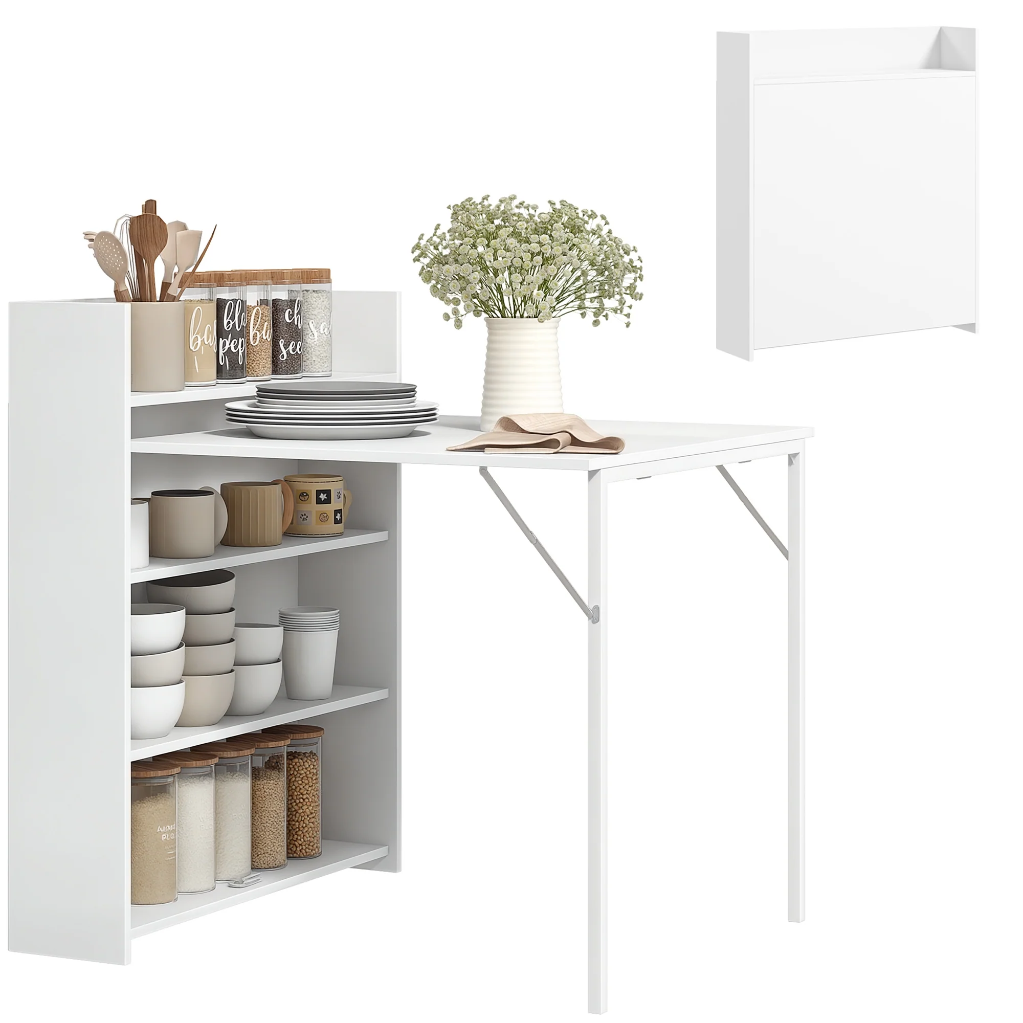 HOMCOM Folding Dining Table, Kitchen Table with Shelves White