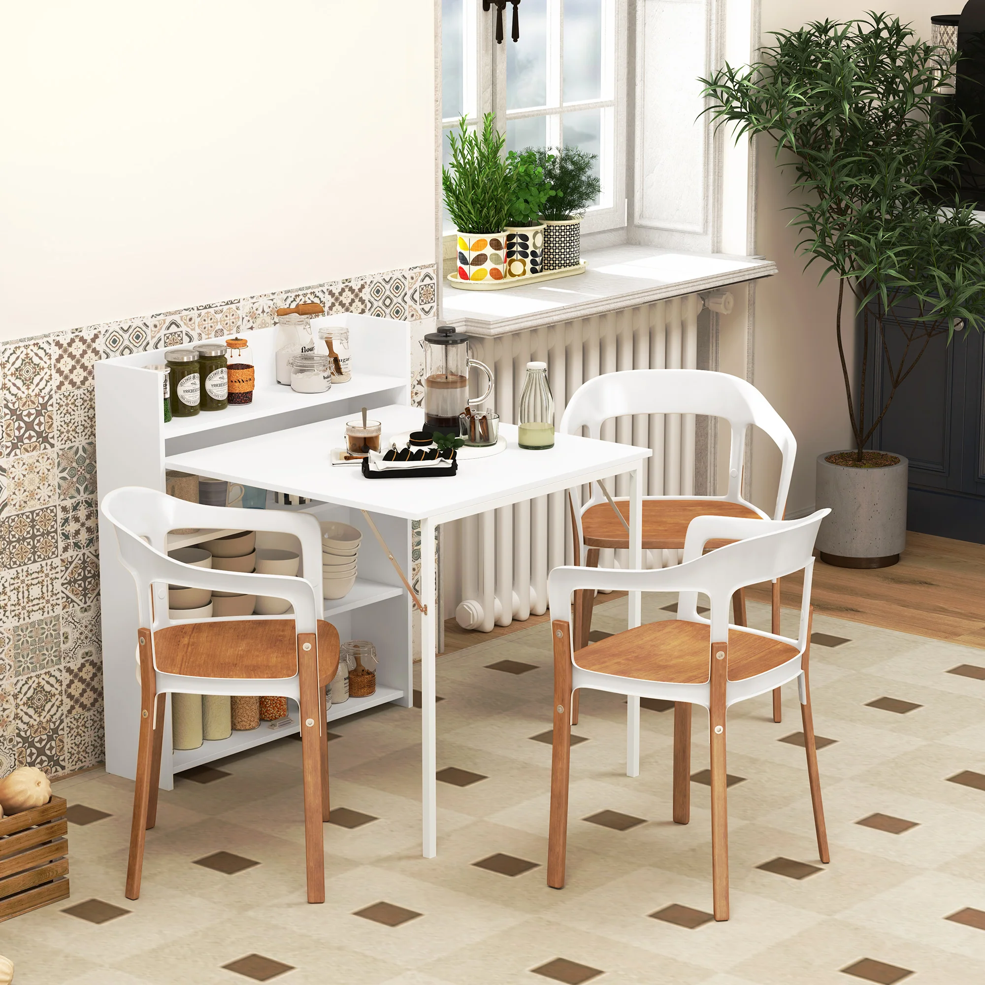 HOMCOM Folding Dining Table, Kitchen Table with Shelves White - Image 2
