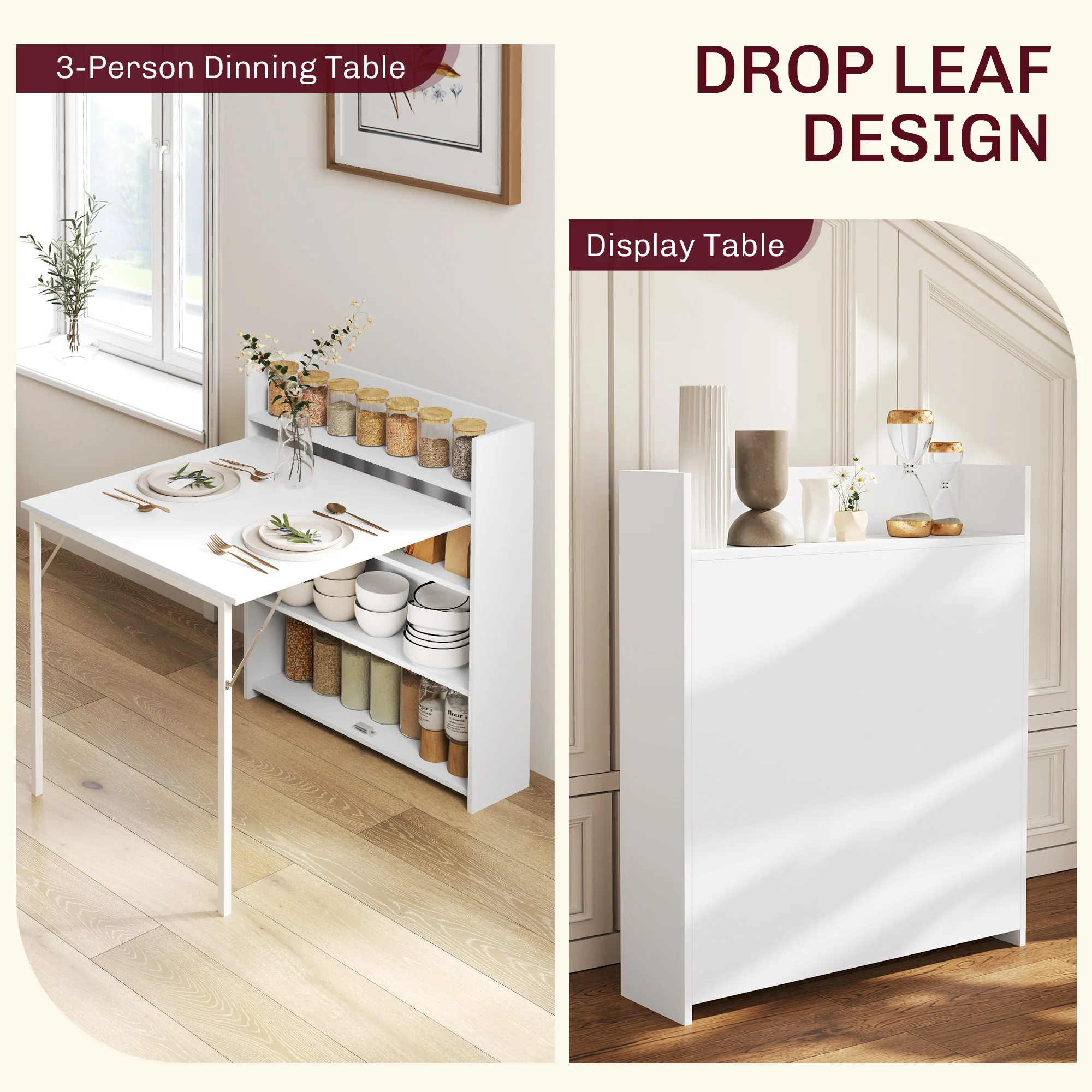 HOMCOM Folding Dining Table, Kitchen Table with Shelves White - Image 3