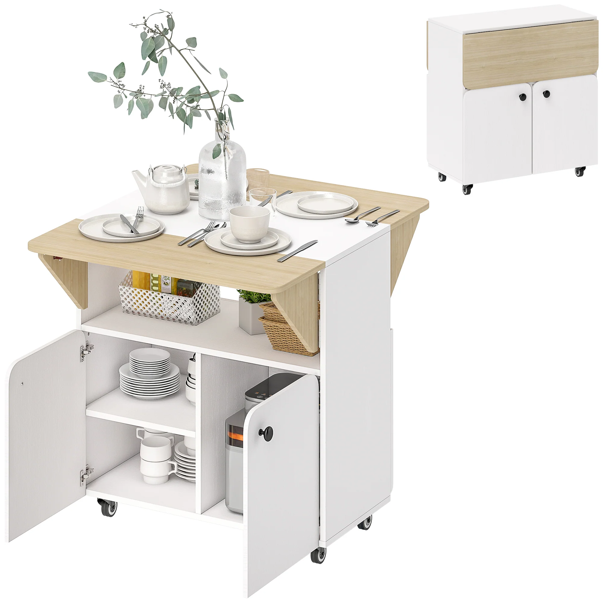 HOMCOM Folding Dining Table, Rolling Drop Leaf Table With Hidden Shelf