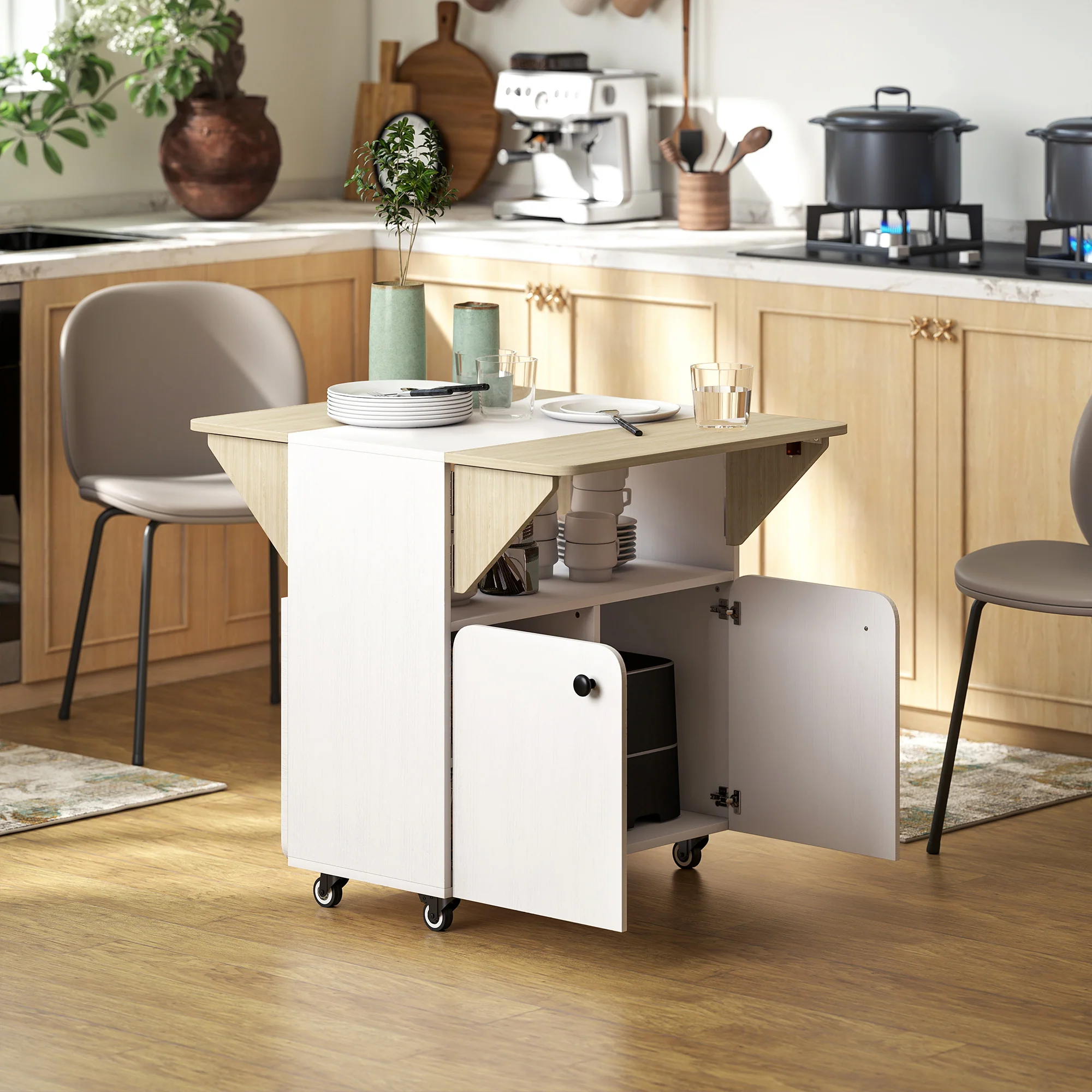HOMCOM Folding Dining Table, Rolling Drop Leaf Table With Hidden Shelf - Image 2