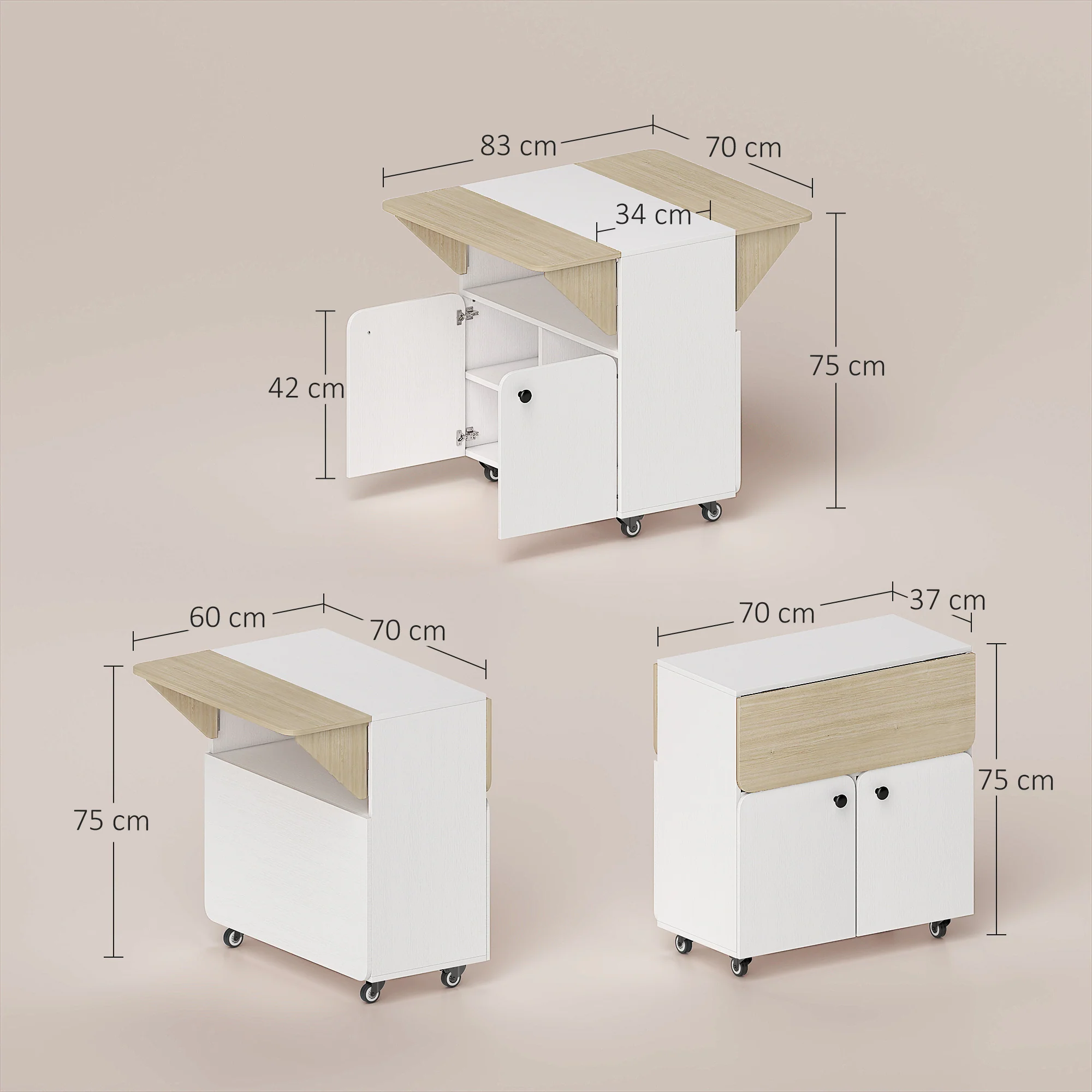HOMCOM Folding Dining Table, Rolling Drop Leaf Table With Hidden Shelf - Image 3