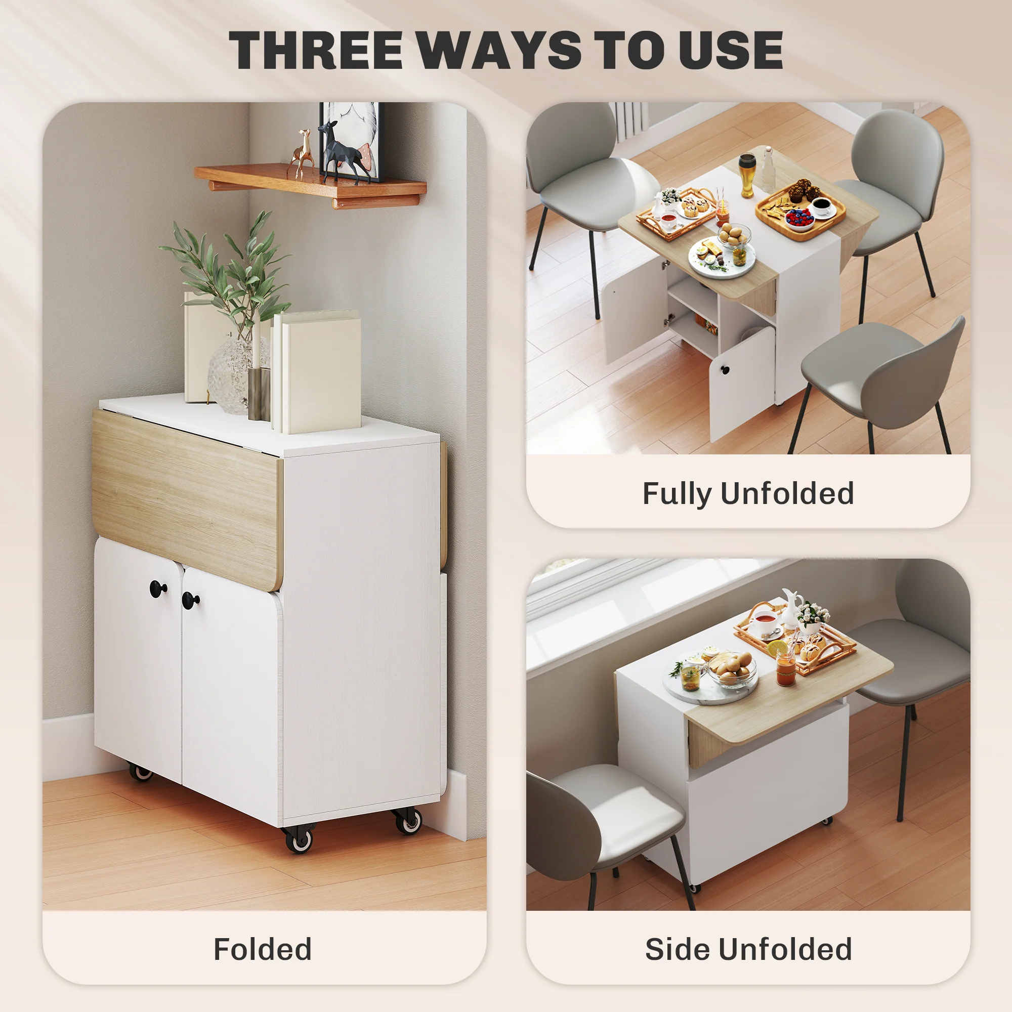 HOMCOM Folding Dining Table, Rolling Drop Leaf Table With Hidden Shelf - Image 4