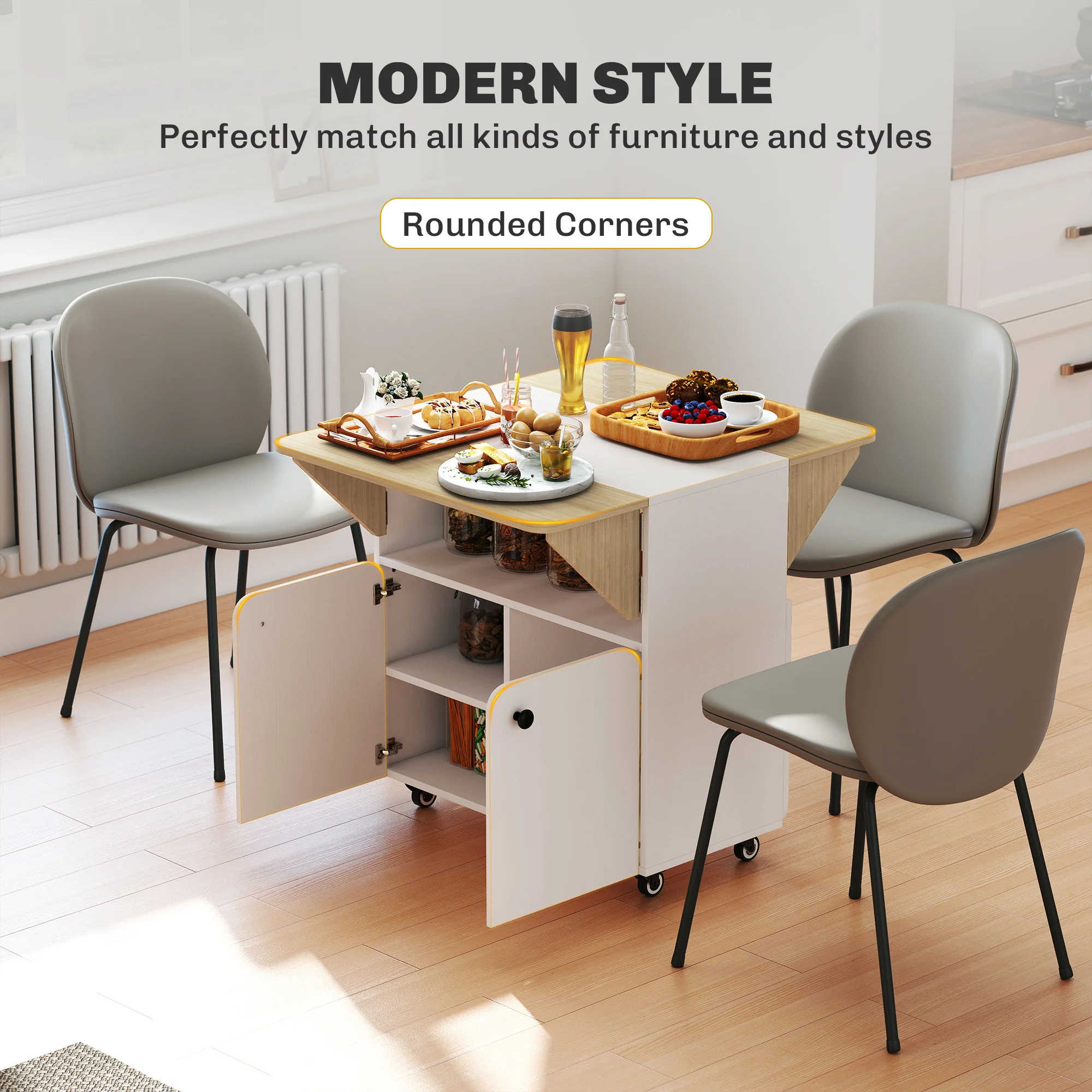 HOMCOM Folding Dining Table, Rolling Drop Leaf Table With Hidden Shelf - Image 5