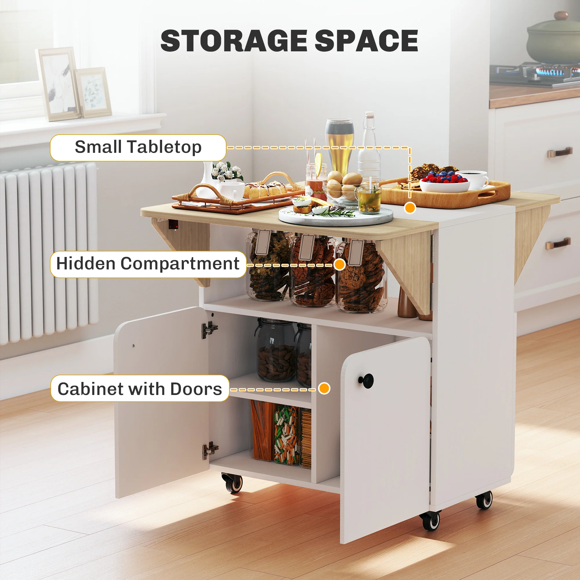 HOMCOM Folding Dining Table, Rolling Drop Leaf Table With Hidden Shelf - Image 6